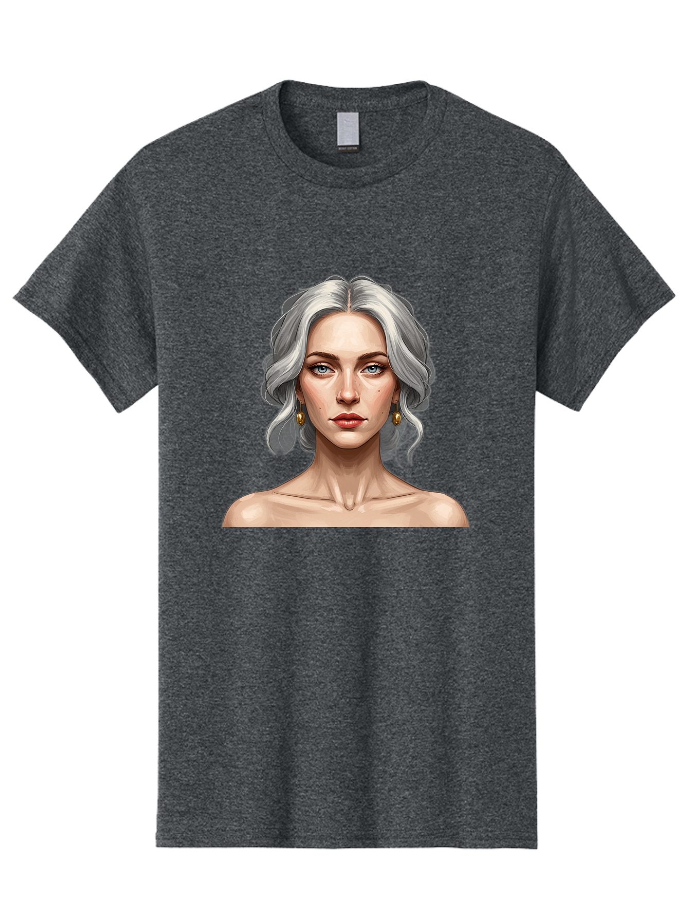 Woman-Portrait Men'S Graphic Tee, 100% Cotton, Comfortable Casual Summer Wear, Machine Washable, Silver Hair, Blue Eyes, Elegant Earrings, Digital Illustration, Portrait, Female Character, Modern Art, Captivating Gaze, Shoulder-Length Hair, Bad930 3