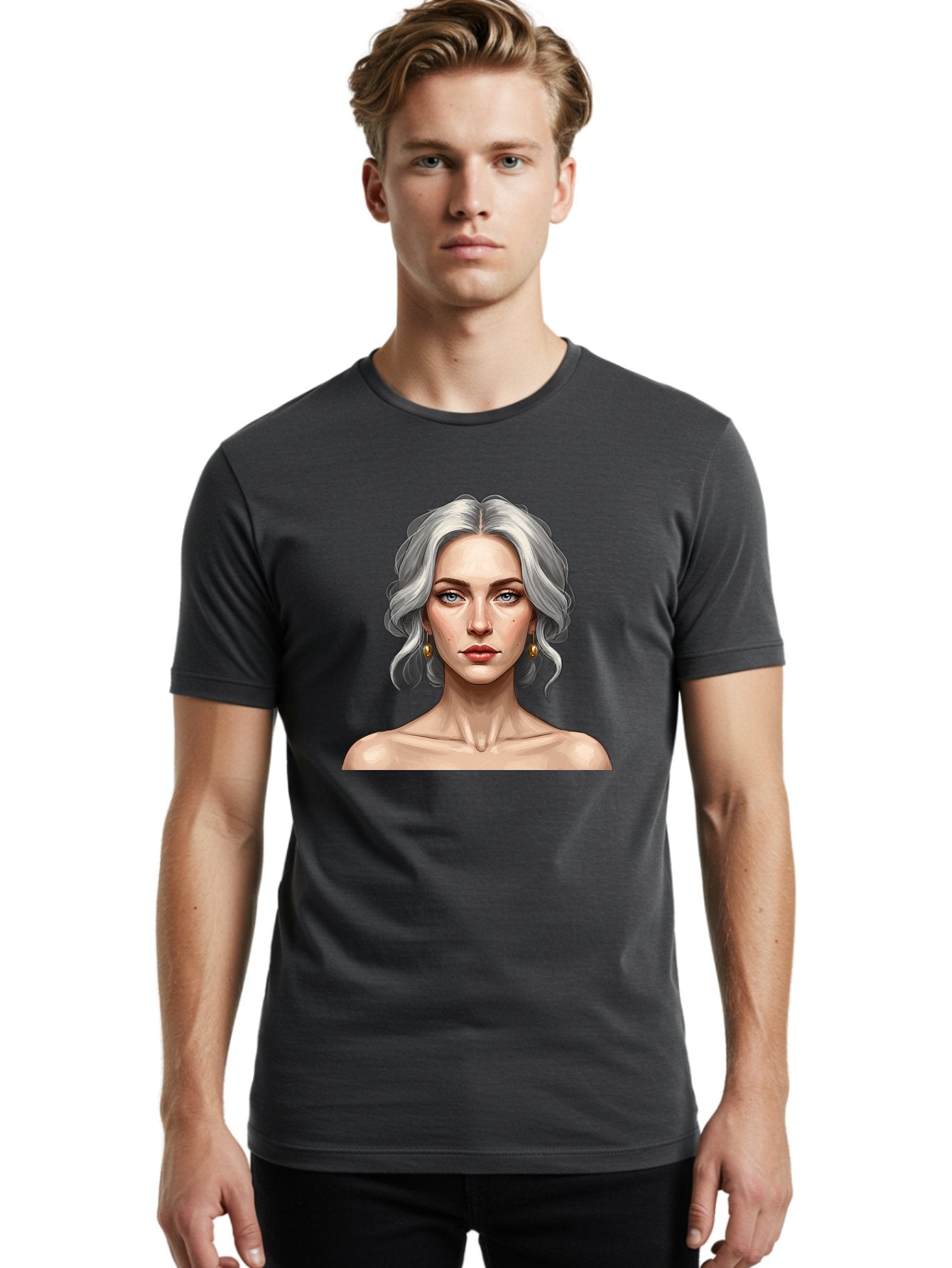 Woman-Portrait Men'S Graphic Tee, 100% Cotton, Comfortable Casual Summer Wear, Machine Washable, Silver Hair, Blue Eyes, Elegant Earrings, Digital Illustration, Portrait, Female Character, Modern Art, Captivating Gaze, Shoulder-Length Hair, Bad930 28