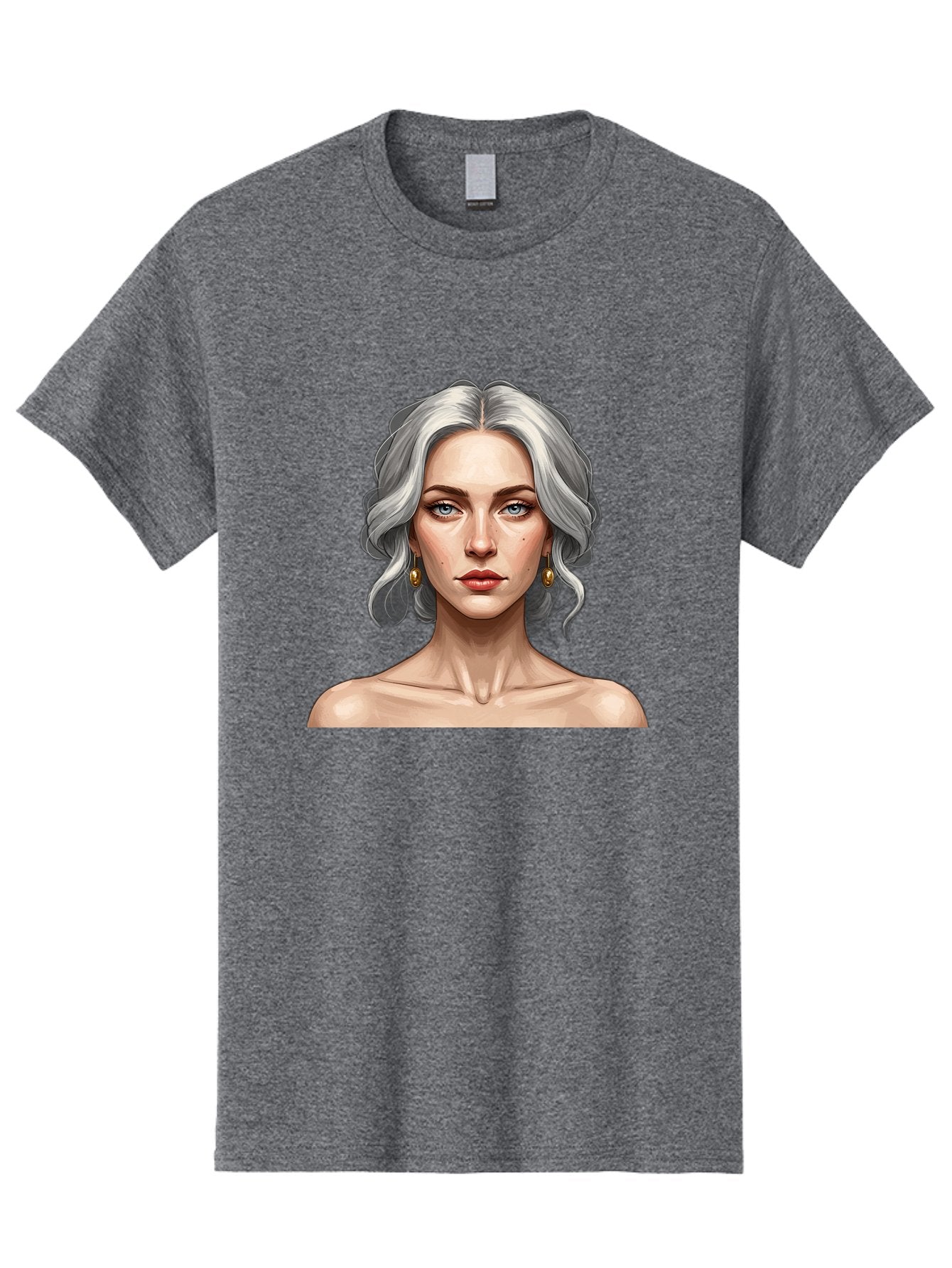 Woman-Portrait Men'S Graphic Tee, 100% Cotton, Comfortable Casual Summer Wear, Machine Washable, Silver Hair, Blue Eyes, Elegant Earrings, Digital Illustration, Portrait, Female Character, Modern Art, Captivating Gaze, Shoulder-Length Hair, Bad930 15