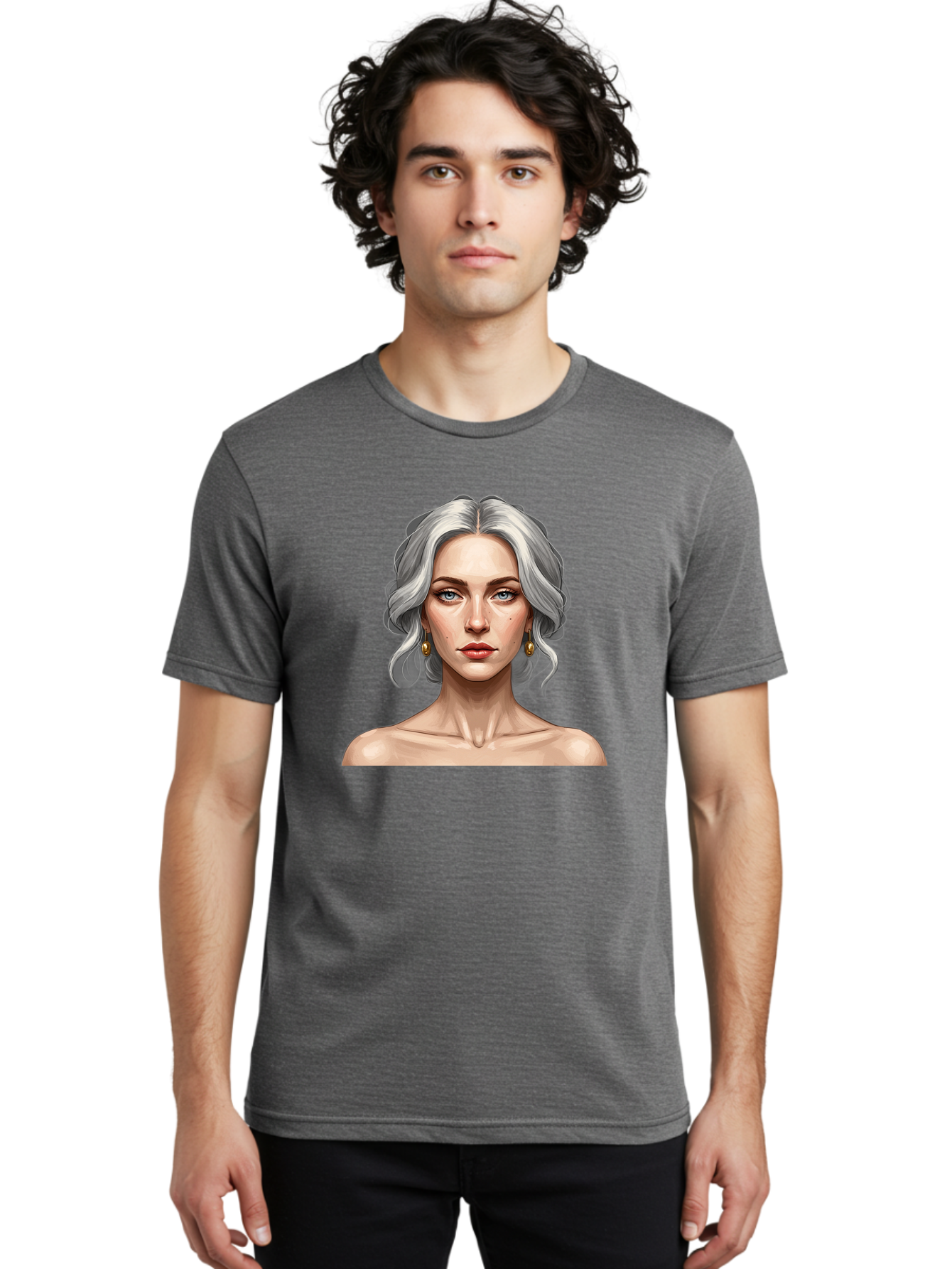 Woman-Portrait Men'S Graphic Tee, 100% Cotton, Comfortable Casual Summer Wear, Machine Washable, Silver Hair, Blue Eyes, Elegant Earrings, Digital Illustration, Portrait, Female Character, Modern Art, Captivating Gaze, Shoulder-Length Hair, Bad930 16
