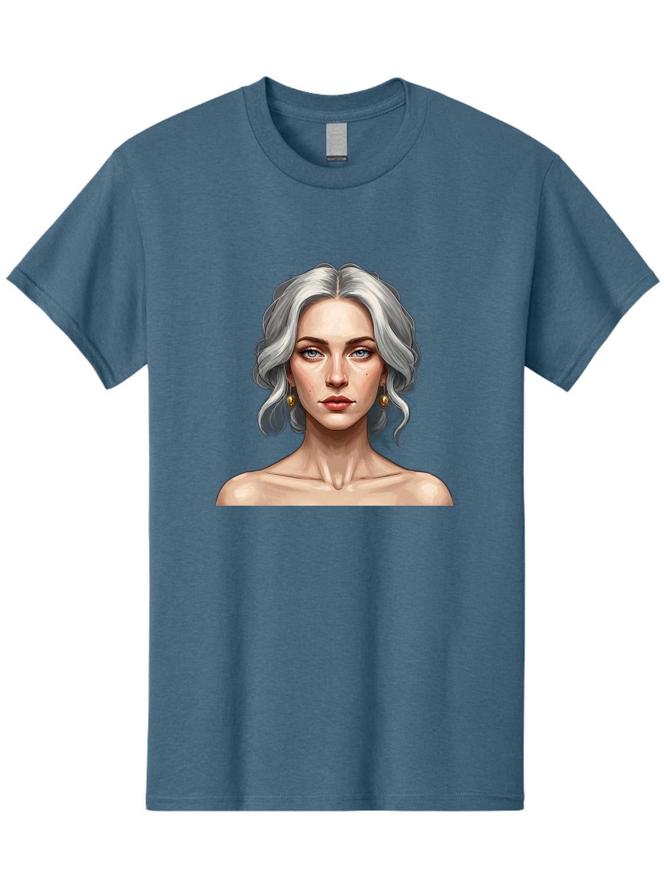 Woman-Portrait Men'S Graphic Tee, 100% Cotton, Comfortable Casual Summer Wear, Machine Washable, Silver Hair, Blue Eyes, Elegant Earrings, Digital Illustration, Portrait, Female Character, Modern Art, Captivating Gaze, Shoulder-Length Hair, Bad930 10