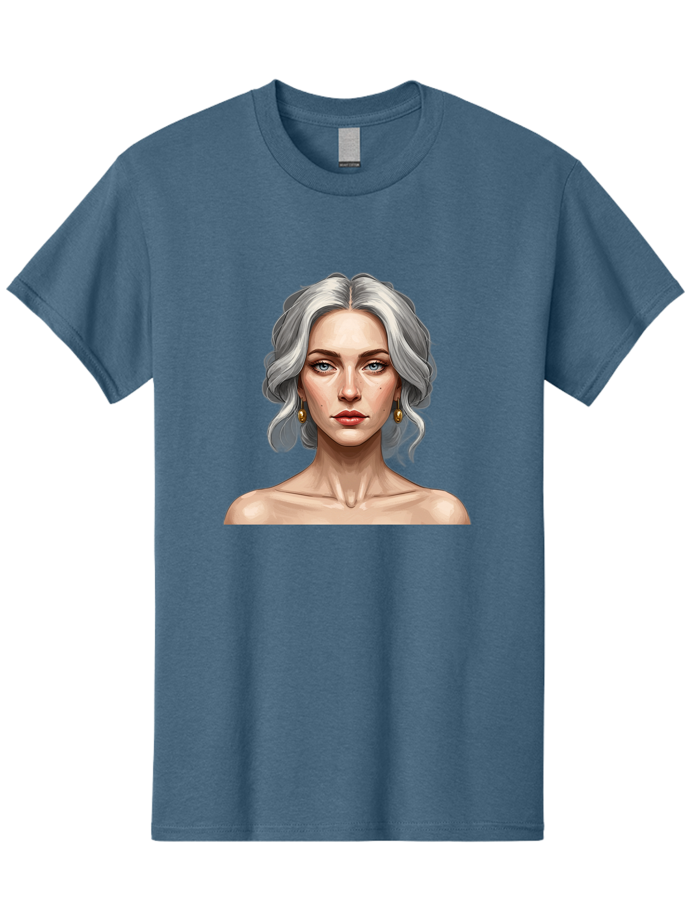 Woman-Portrait Men'S Graphic Tee, 100% Cotton, Comfortable Casual Summer Wear, Machine Washable, Silver Hair, Blue Eyes, Elegant Earrings, Digital Illustration, Portrait, Female Character, Modern Art, Captivating Gaze, Shoulder-Length Hair, Bad930 14