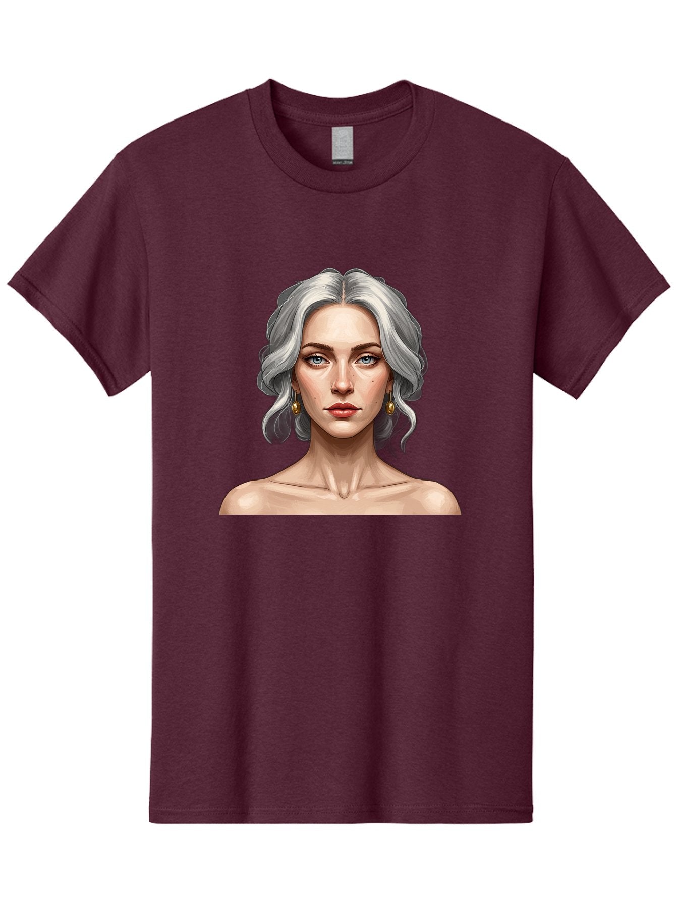 Woman-Portrait Men'S Graphic Tee, 100% Cotton, Comfortable Casual Summer Wear, Machine Washable, Silver Hair, Blue Eyes, Elegant Earrings, Digital Illustration, Portrait, Female Character, Modern Art, Captivating Gaze, Shoulder-Length Hair, Bad930 8