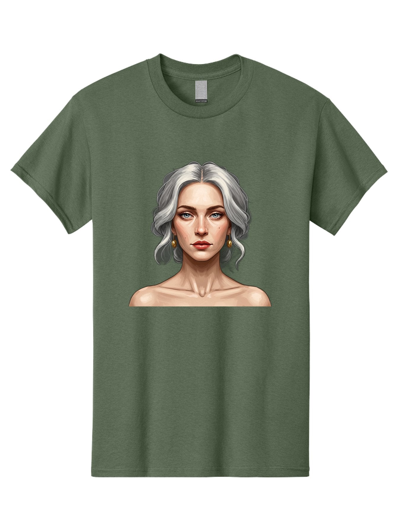 Woman-Portrait Men'S Graphic Tee, 100% Cotton, Comfortable Casual Summer Wear, Machine Washable, Silver Hair, Blue Eyes, Elegant Earrings, Digital Illustration, Portrait, Female Character, Modern Art, Captivating Gaze, Shoulder-Length Hair, Bad930 11