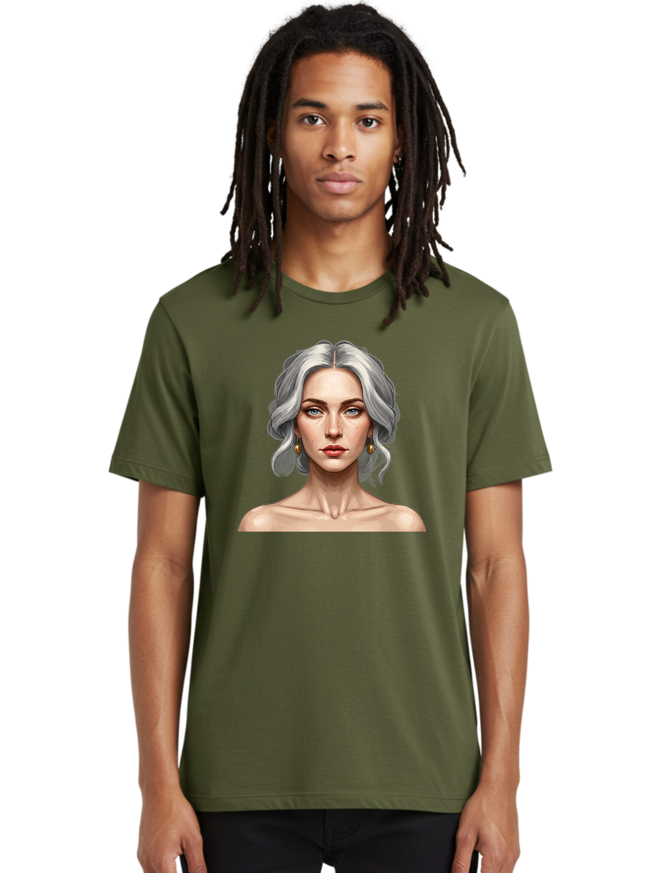 Woman-Portrait Men'S Graphic Tee, 100% Cotton, Comfortable Casual Summer Wear, Machine Washable, Silver Hair, Blue Eyes, Elegant Earrings, Digital Illustration, Portrait, Female Character, Modern Art, Captivating Gaze, Shoulder-Length Hair, Bad930 19