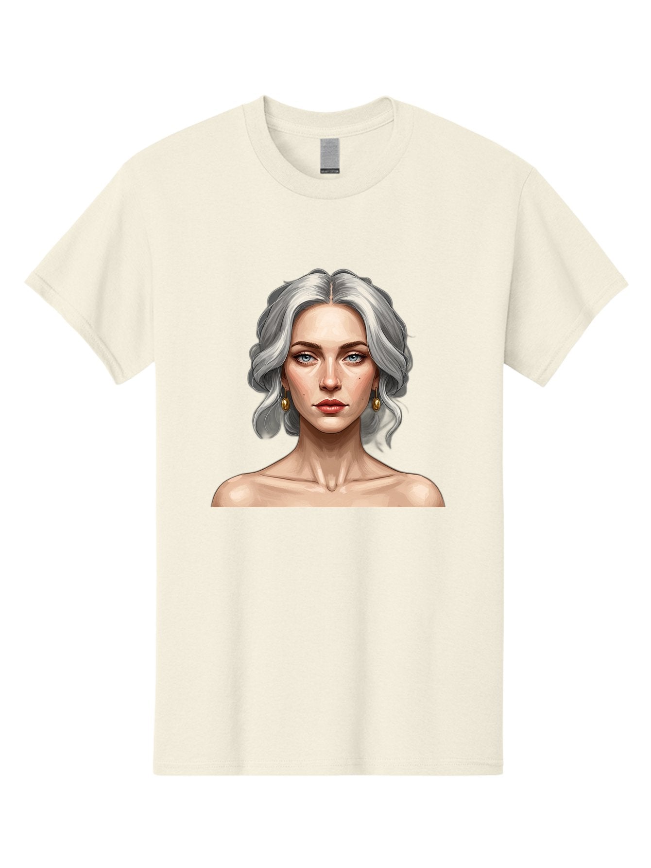 Woman-Portrait Men'S Graphic Tee, 100% Cotton, Comfortable Casual Summer Wear, Machine Washable, Silver Hair, Blue Eyes, Elegant Earrings, Digital Illustration, Portrait, Female Character, Modern Art, Captivating Gaze, Shoulder-Length Hair, Bad930 14