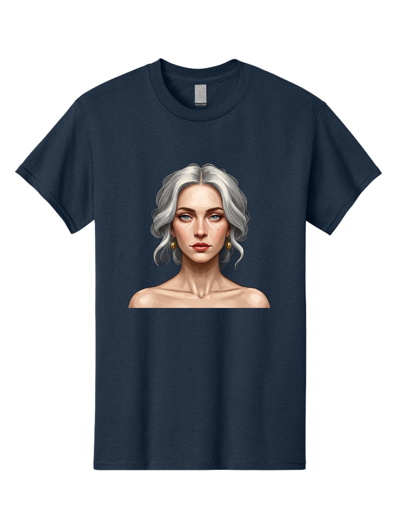 Woman-Portrait Men'S Graphic Tee, 100% Cotton, Comfortable Casual Summer Wear, Machine Washable, Silver Hair, Blue Eyes, Elegant Earrings, Digital Illustration, Portrait, Female Character, Modern Art, Captivating Gaze, Shoulder-Length Hair, Bad930