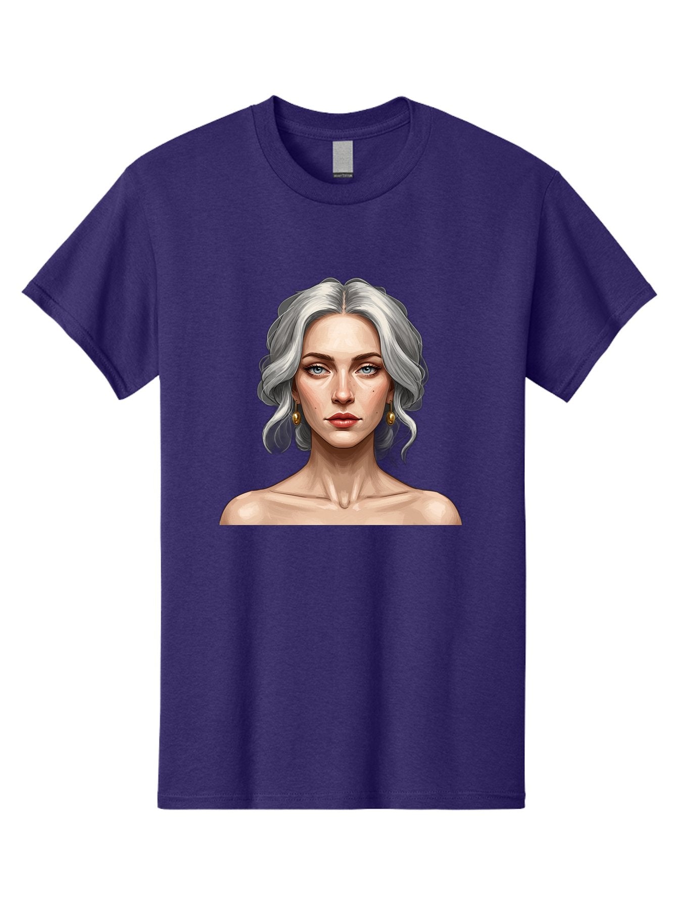 Woman-Portrait Men'S Graphic Tee, 100% Cotton, Comfortable Casual Summer Wear, Machine Washable, Silver Hair, Blue Eyes, Elegant Earrings, Digital Illustration, Portrait, Female Character, Modern Art, Captivating Gaze, Shoulder-Length Hair, Bad930 13