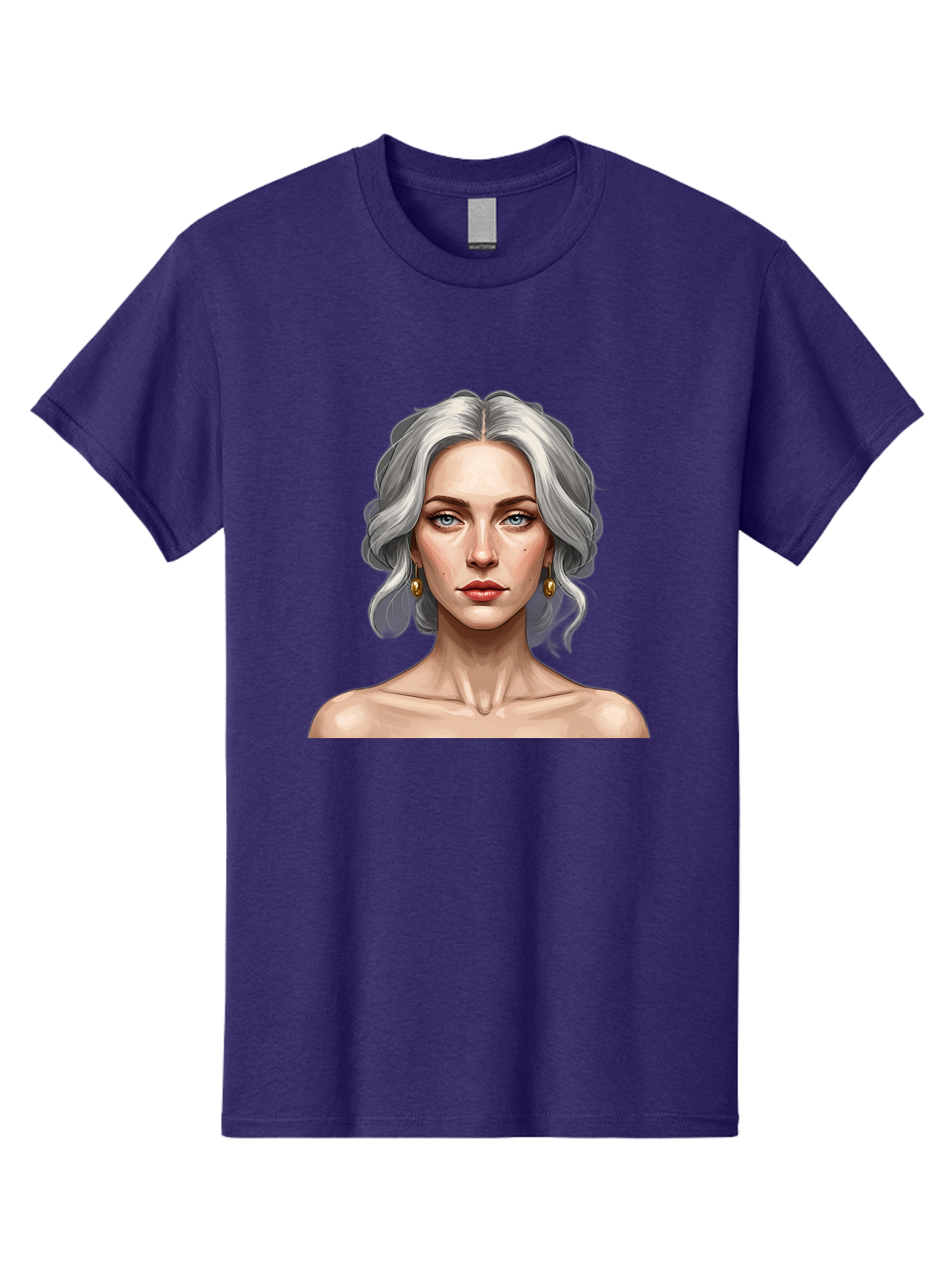 Woman-Portrait Men'S Graphic Tee, 100% Cotton, Comfortable Casual Summer Wear, Machine Washable, Silver Hair, Blue Eyes, Elegant Earrings, Digital Illustration, Portrait, Female Character, Modern Art, Captivating Gaze, Shoulder-Length Hair, Bad930 15