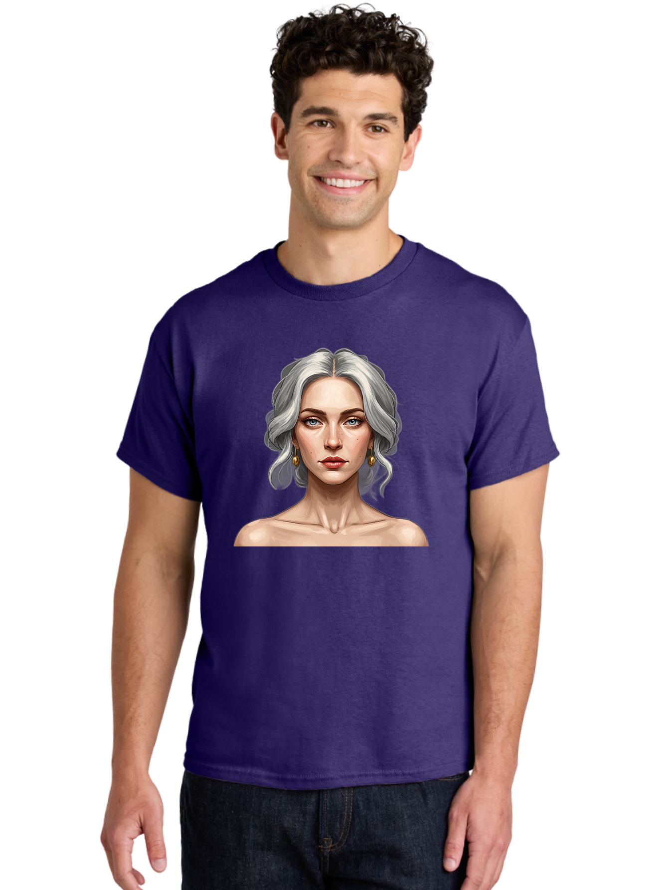 Woman-Portrait Men'S Graphic Tee, 100% Cotton, Comfortable Casual Summer Wear, Machine Washable, Silver Hair, Blue Eyes, Elegant Earrings, Digital Illustration, Portrait, Female Character, Modern Art, Captivating Gaze, Shoulder-Length Hair, Bad930 30