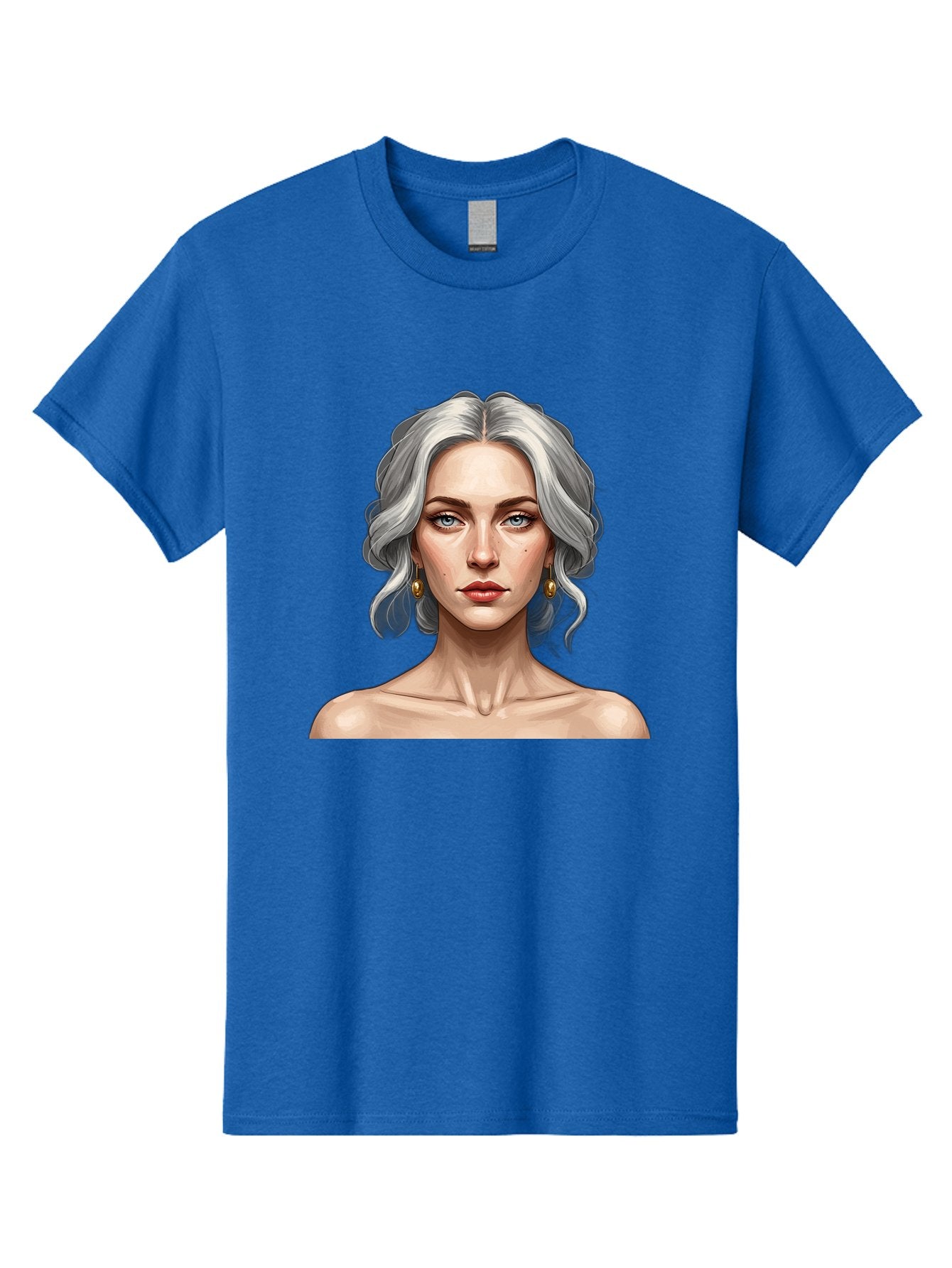 Woman-Portrait Men'S Graphic Tee, 100% Cotton, Comfortable Casual Summer Wear, Machine Washable, Silver Hair, Blue Eyes, Elegant Earrings, Digital Illustration, Portrait, Female Character, Modern Art, Captivating Gaze, Shoulder-Length Hair, Bad930