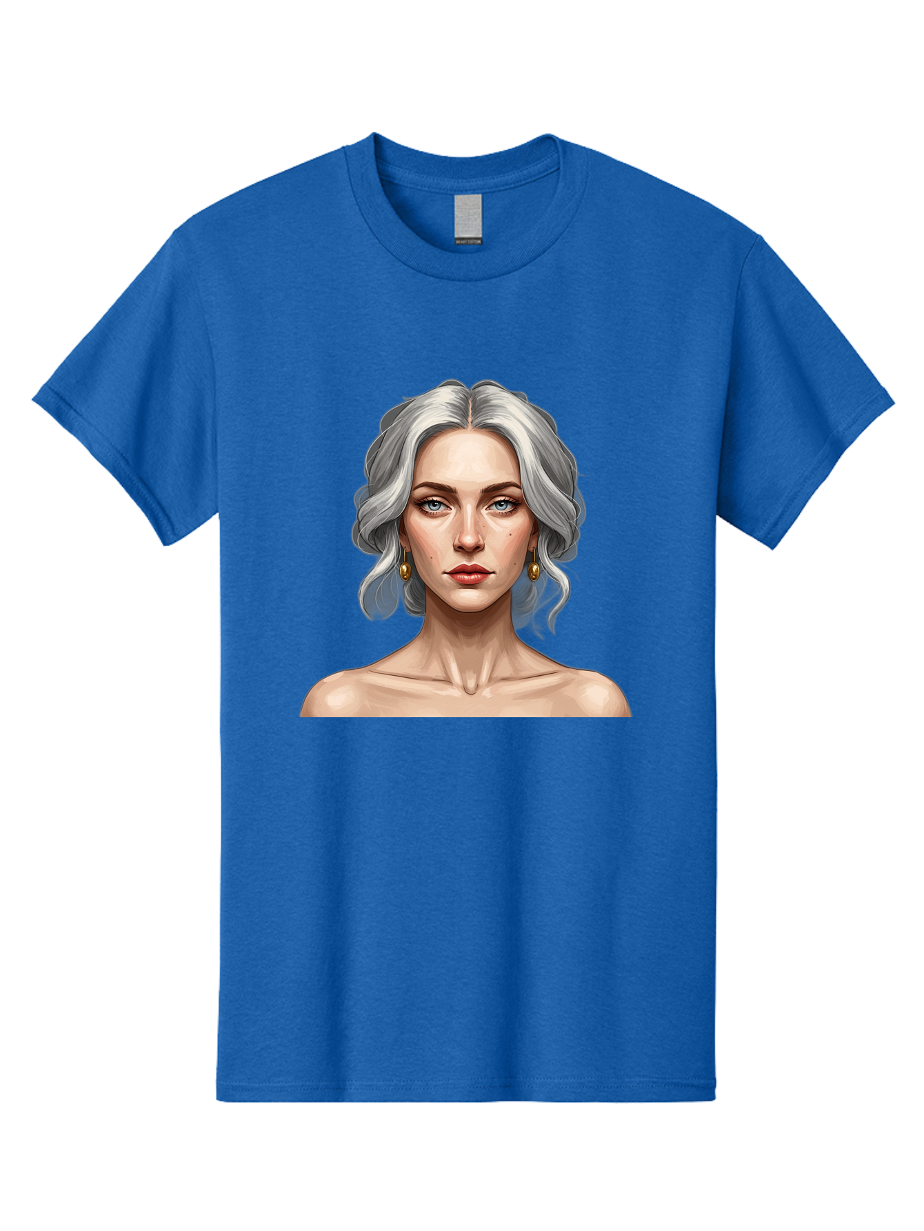 Woman-Portrait Men'S Graphic Tee, 100% Cotton, Comfortable Casual Summer Wear, Machine Washable, Silver Hair, Blue Eyes, Elegant Earrings, Digital Illustration, Portrait, Female Character, Modern Art, Captivating Gaze, Shoulder-Length Hair, Bad930 10