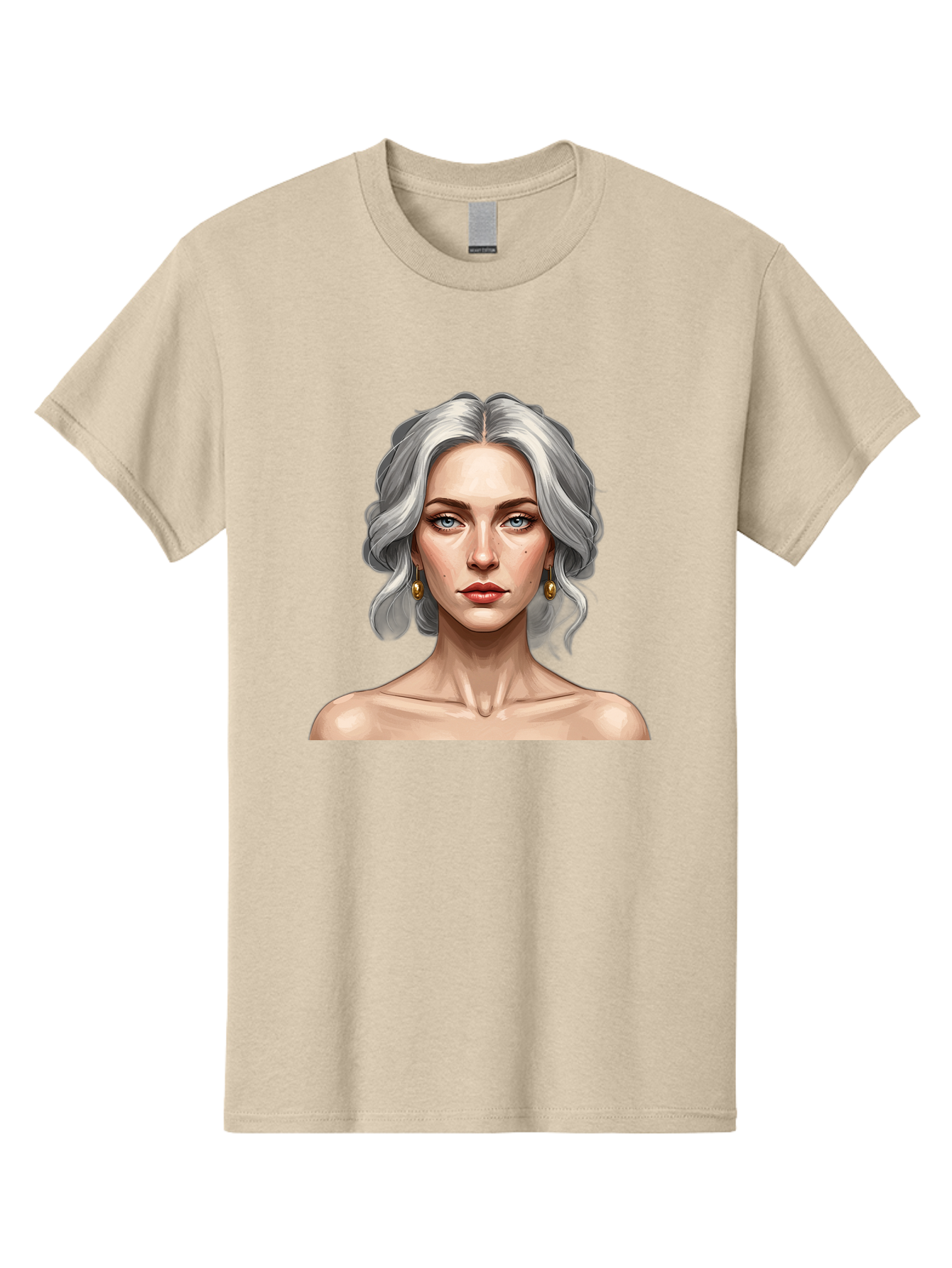 Woman-Portrait Men'S Graphic Tee, 100% Cotton, Comfortable Casual Summer Wear, Machine Washable, Silver Hair, Blue Eyes, Elegant Earrings, Digital Illustration, Portrait, Female Character, Modern Art, Captivating Gaze, Shoulder-Length Hair, Bad930 13
