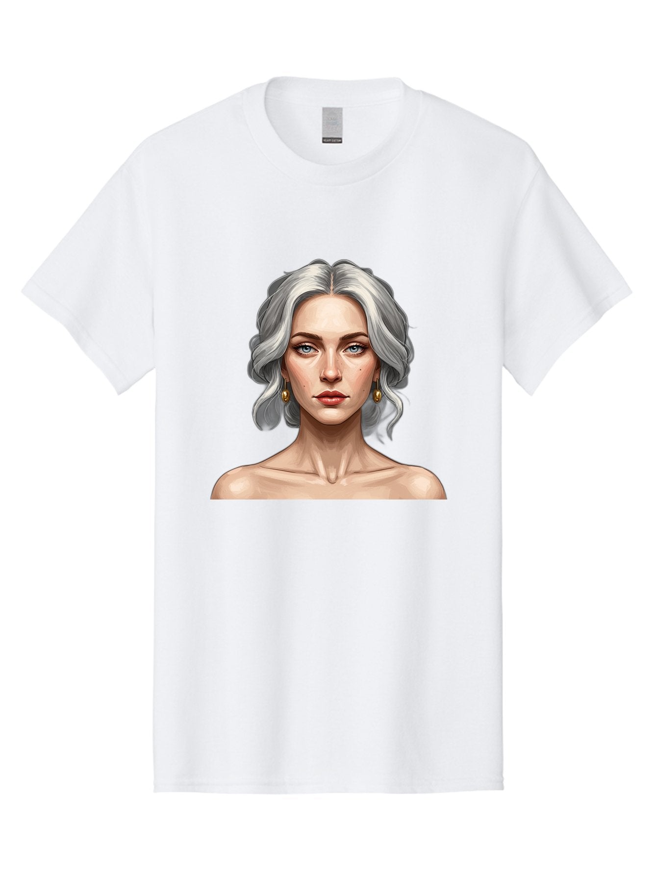 Woman-Portrait Men'S Graphic Tee, 100% Cotton, Comfortable Casual Summer Wear, Machine Washable, Silver Hair, Blue Eyes, Elegant Earrings, Digital Illustration, Portrait, Female Character, Modern Art, Captivating Gaze, Shoulder-Length Hair, Bad930 3