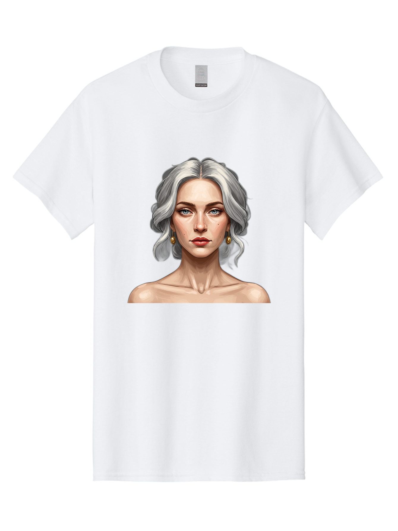 Woman-Portrait Men'S Graphic Tee, 100% Cotton, Comfortable Casual Summer Wear, Machine Washable, Silver Hair, Blue Eyes, Elegant Earrings, Digital Illustration, Portrait, Female Character, Modern Art, Captivating Gaze, Shoulder-Length Hair, Bad930 9