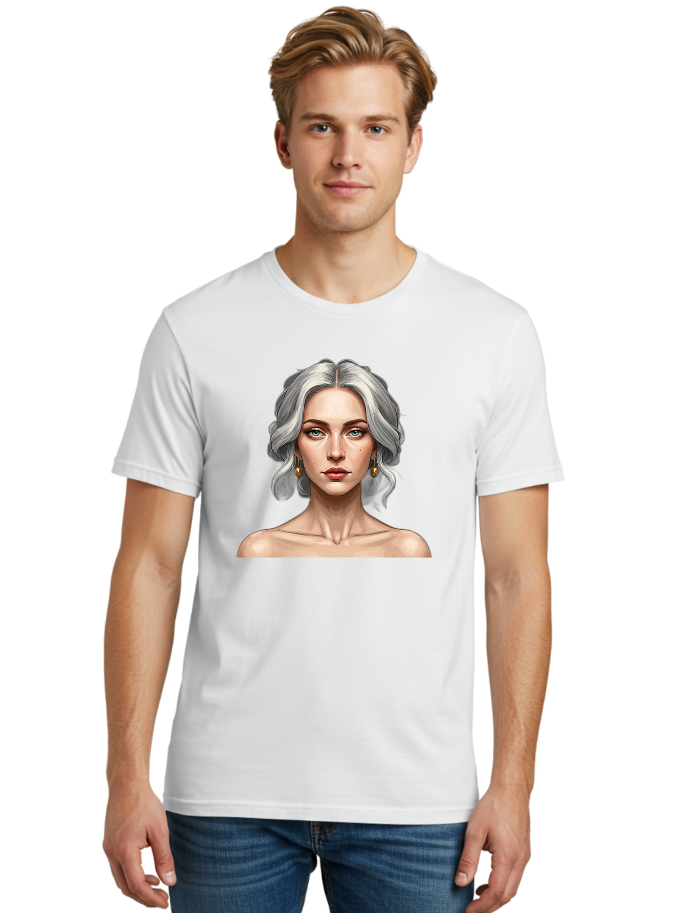 Woman-Portrait Men'S Graphic Tee, 100% Cotton, Comfortable Casual Summer Wear, Machine Washable, Silver Hair, Blue Eyes, Elegant Earrings, Digital Illustration, Portrait, Female Character, Modern Art, Captivating Gaze, Shoulder-Length Hair, Bad930 24