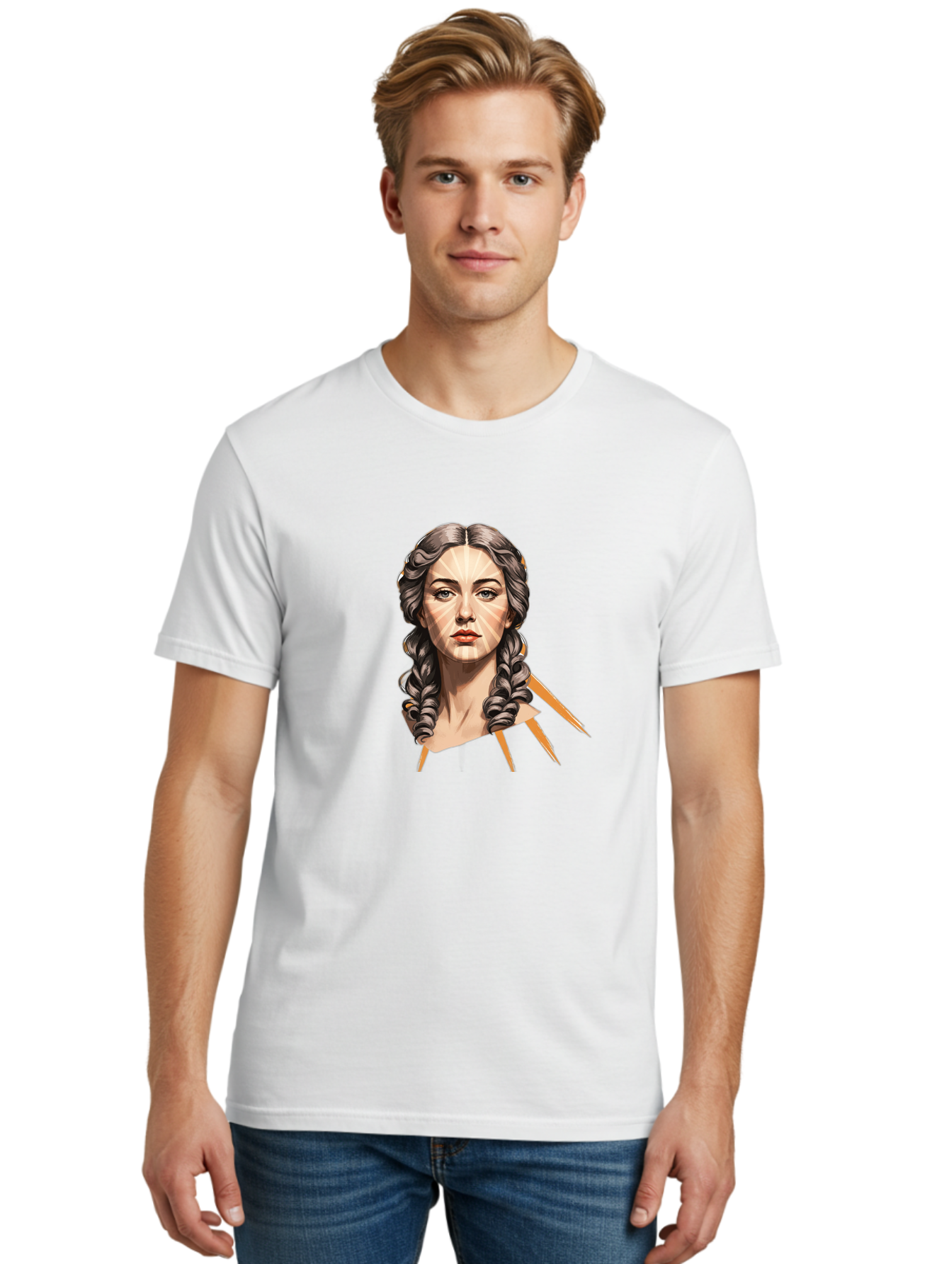 Woman-With-Braids Men'S Graphic Tee, 100% Cotton, Comfortable Casual Summer Wear, Machine Washable, Illustration Of A Woman, Braided Hair, Geometric Lines, Face Mapping, Digital Art, Modern Illustration, Creative Portrait, Artistic Expression Bad931 28