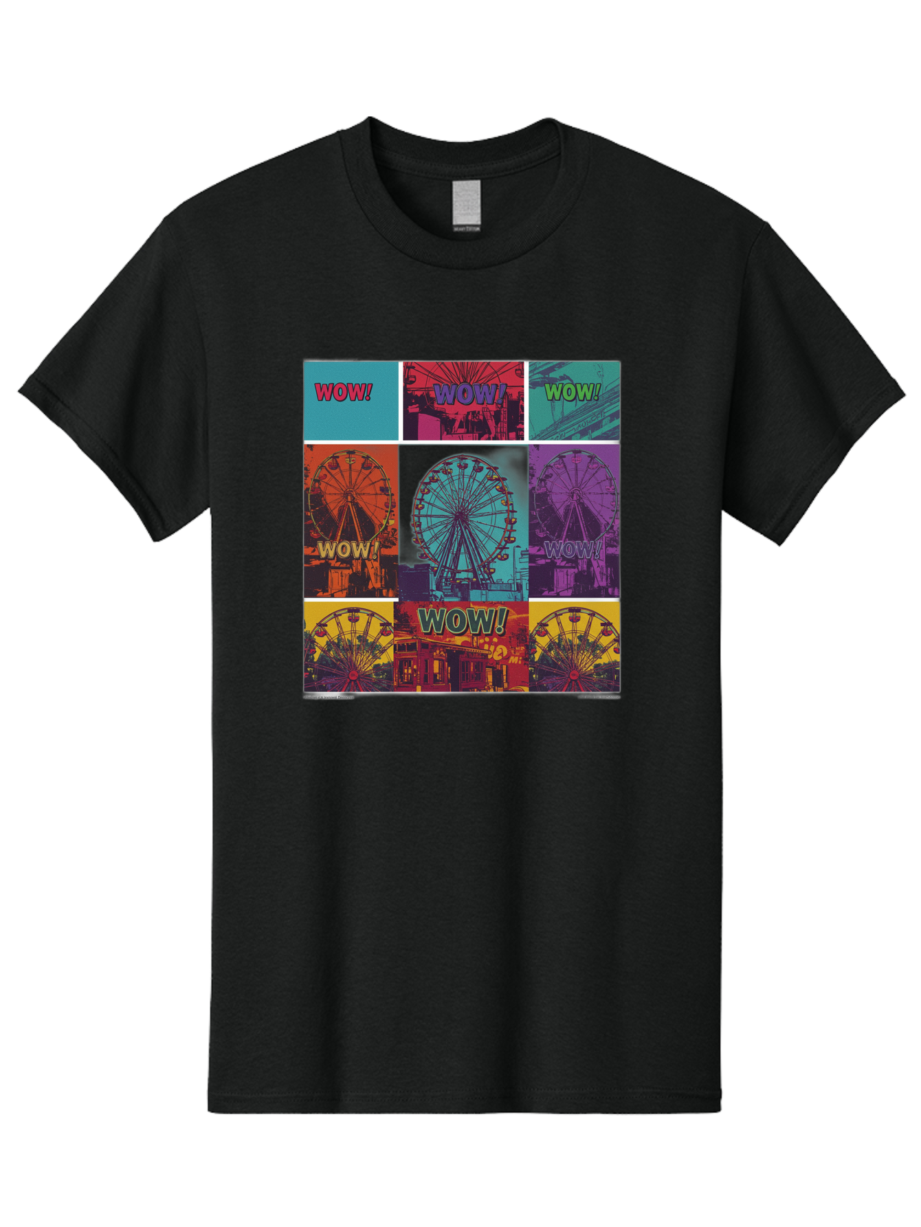 Wow-Ferris-Wheel-Collage Men'S Graphic Tee, 100% Cotton, Comfortable Casual Summer Wear, Machine Washable, Ferris Wheel At Carnival, Amusement Park, Colorful Graphics, Vibrant Colors, Wow Expression, Pop Art Style, Funfair, Thrill Ride, Bad932 6