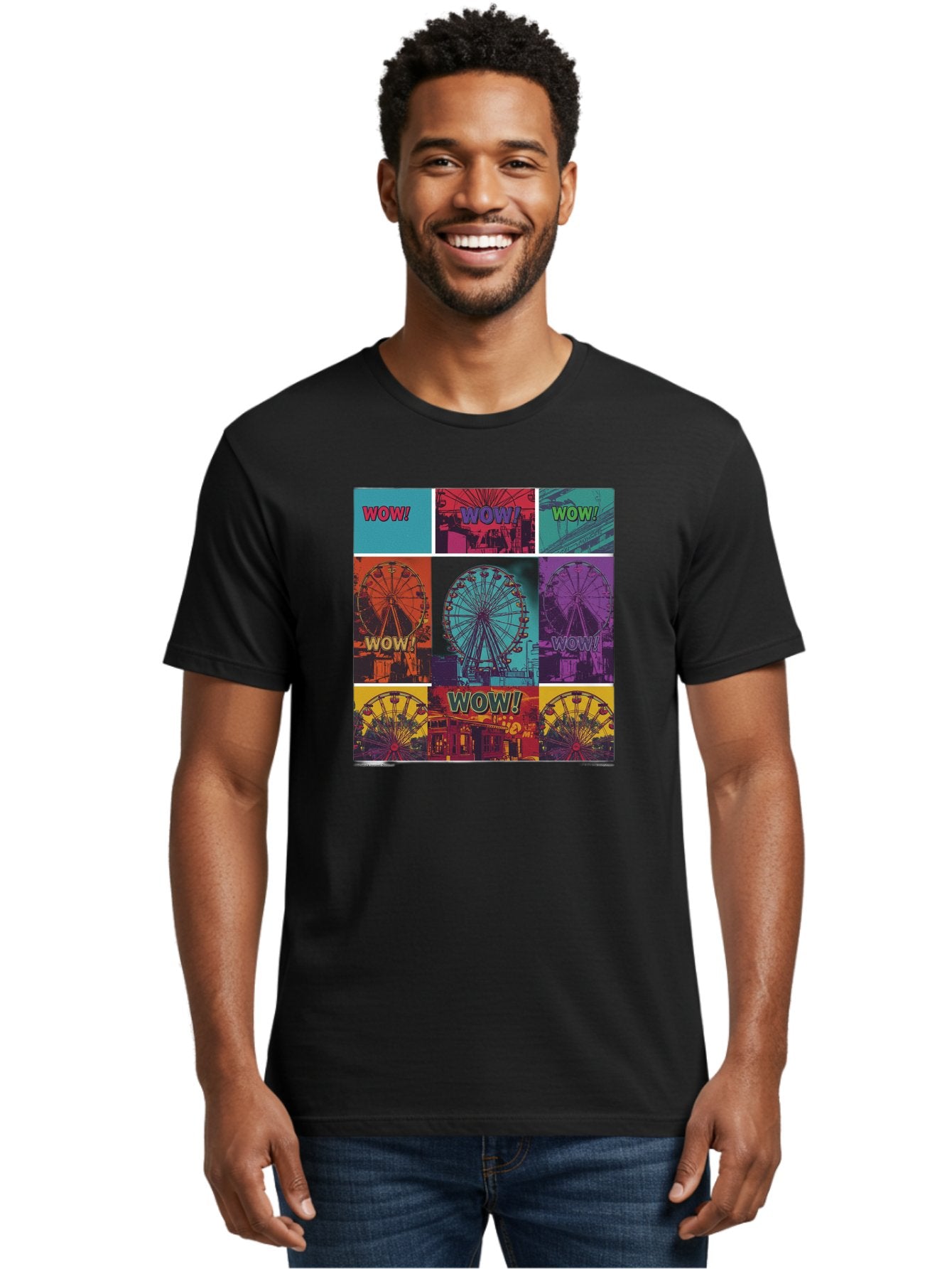 Wow-Ferris-Wheel-Collage Men'S Graphic Tee, 100% Cotton, Comfortable Casual Summer Wear, Machine Washable, Ferris Wheel At Carnival, Amusement Park, Colorful Graphics, Vibrant Colors, Wow Expression, Pop Art Style, Funfair, Thrill Ride, Bad932 25