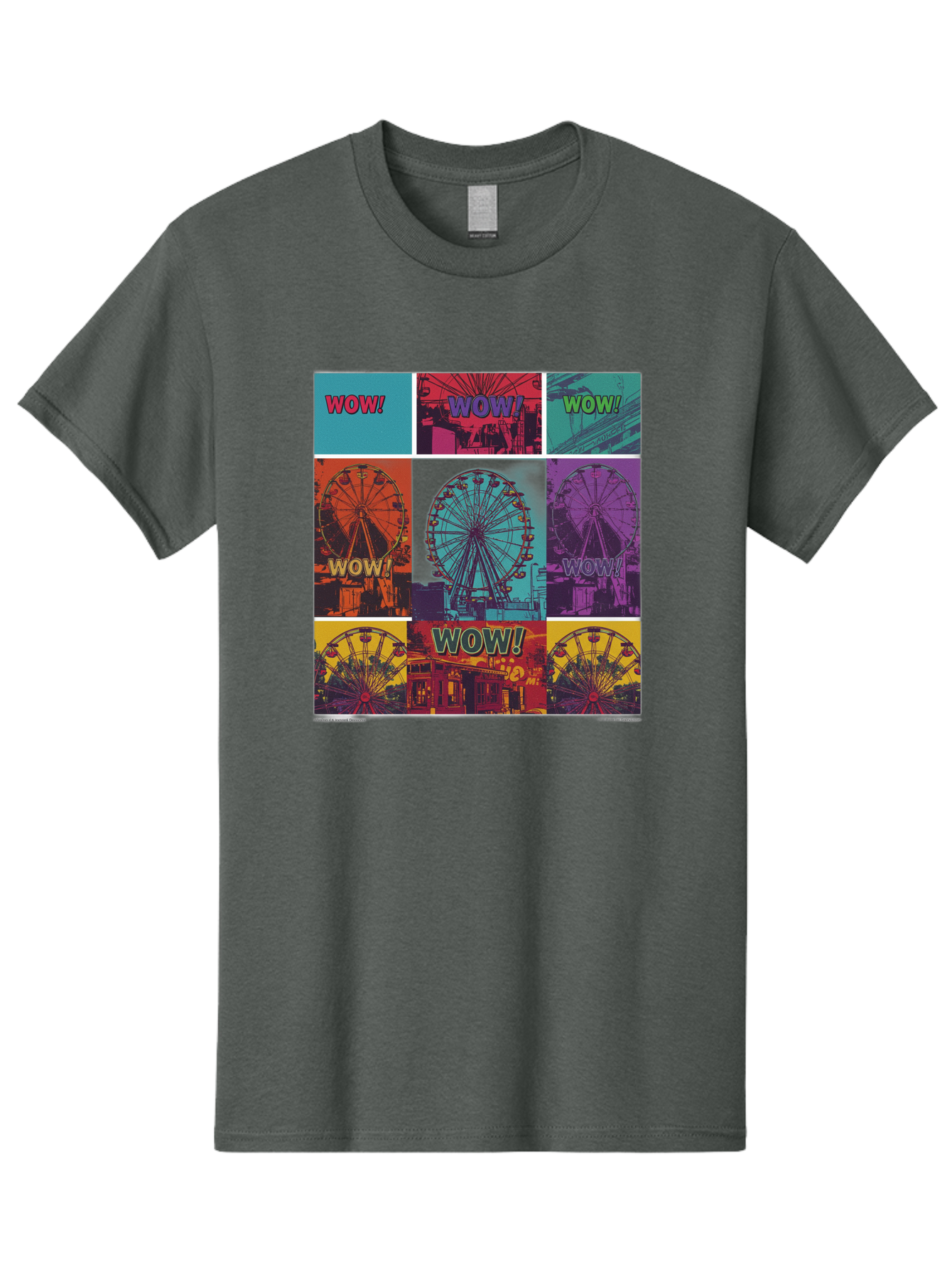 Wow-Ferris-Wheel-Collage Men'S Graphic Tee, 100% Cotton, Comfortable Casual Summer Wear, Machine Washable, Ferris Wheel At Carnival, Amusement Park, Colorful Graphics, Vibrant Colors, Wow Expression, Pop Art Style, Funfair, Thrill Ride, Bad932 10