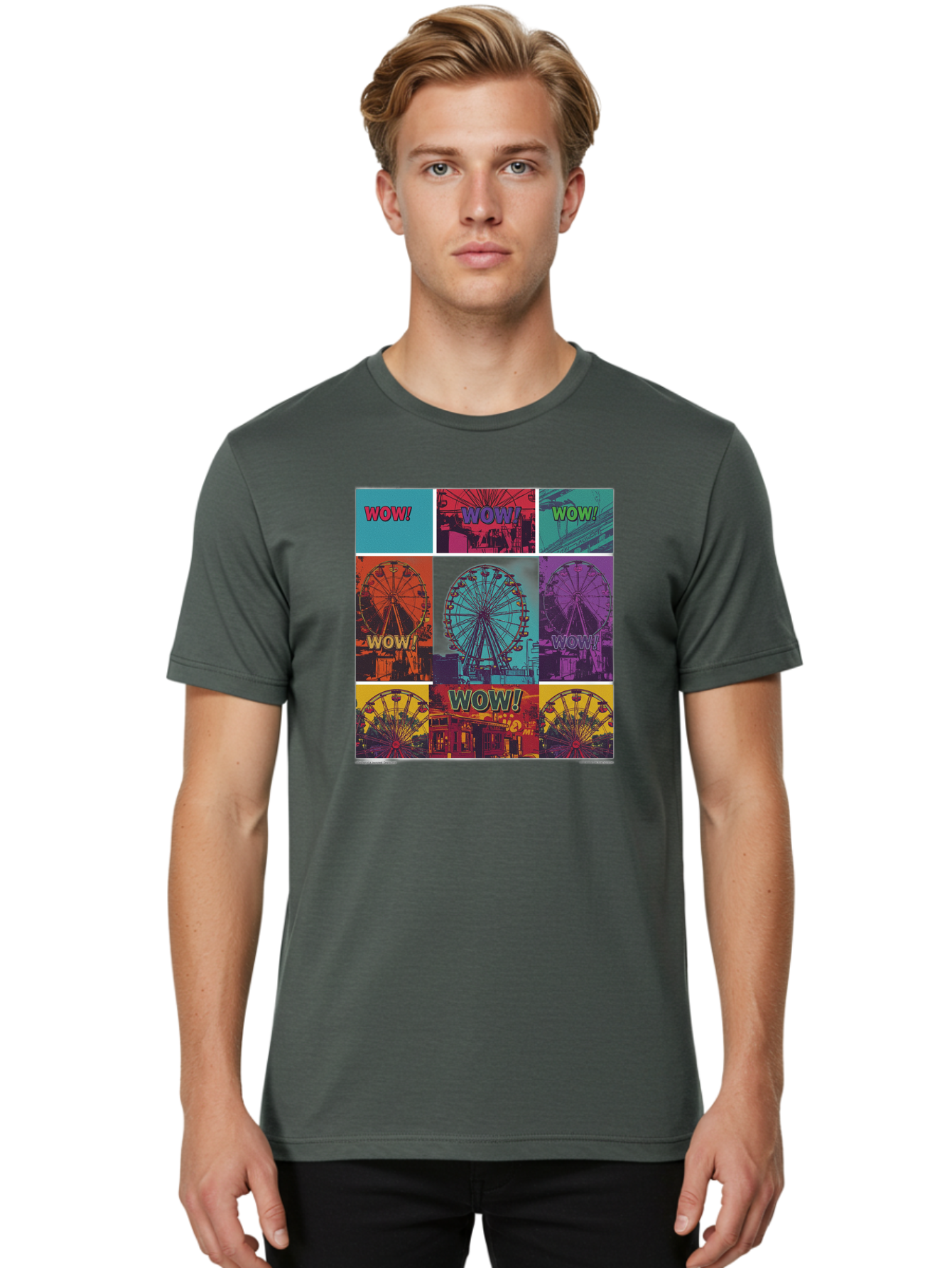 Wow-Ferris-Wheel-Collage Men'S Graphic Tee, 100% Cotton, Comfortable Casual Summer Wear, Machine Washable, Ferris Wheel At Carnival, Amusement Park, Colorful Graphics, Vibrant Colors, Wow Expression, Pop Art Style, Funfair, Thrill Ride, Bad932 25