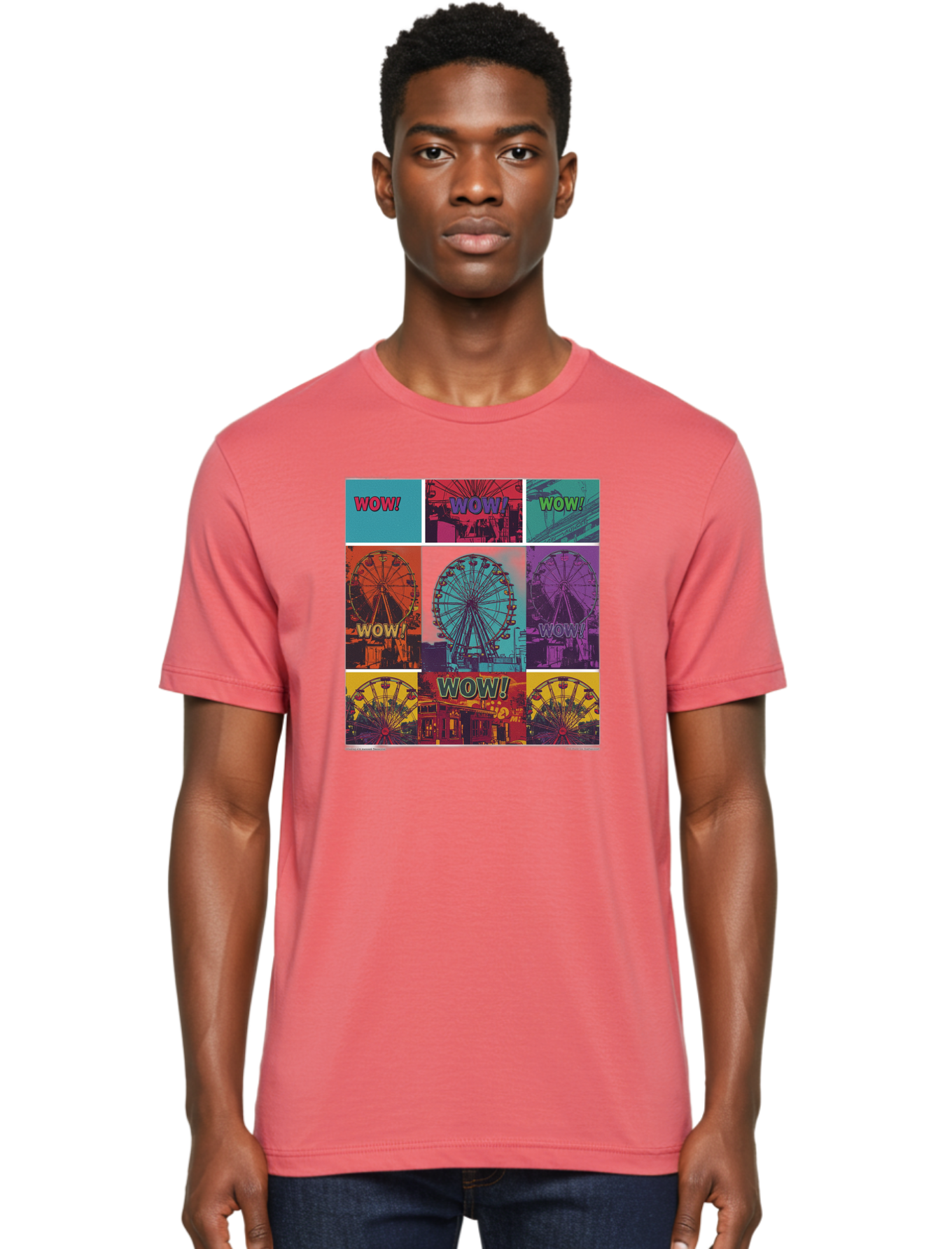 Wow-Ferris-Wheel-Collage Men'S Graphic Tee, 100% Cotton, Comfortable Casual Summer Wear, Machine Washable, Ferris Wheel At Carnival, Amusement Park, Colorful Graphics, Vibrant Colors, Wow Expression, Pop Art Style, Funfair, Thrill Ride, Bad932 22