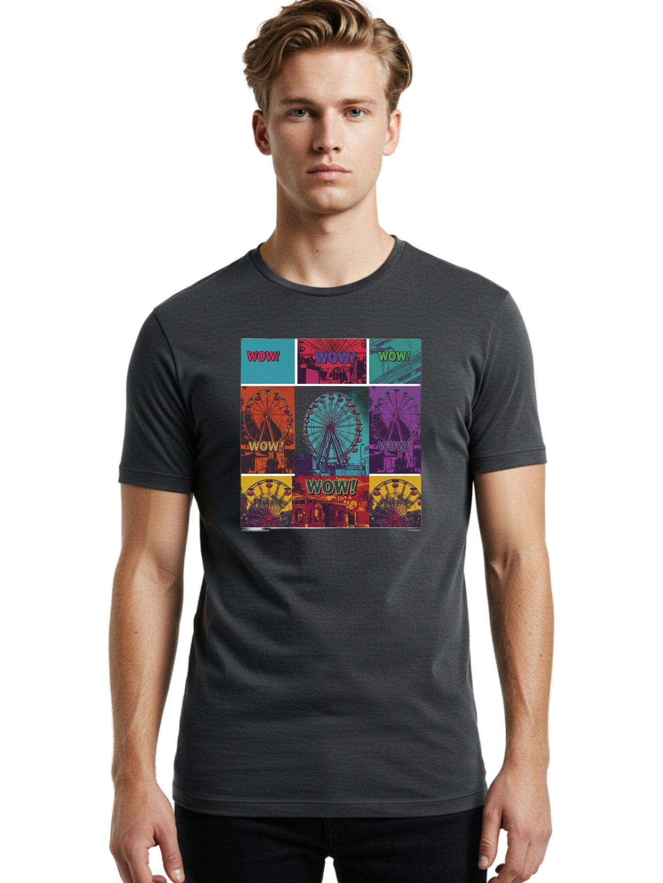 Wow-Ferris-Wheel-Collage Men'S Graphic Tee, 100% Cotton, Comfortable Casual Summer Wear, Machine Washable, Ferris Wheel At Carnival, Amusement Park, Colorful Graphics, Vibrant Colors, Wow Expression, Pop Art Style, Funfair, Thrill Ride, Bad932 29