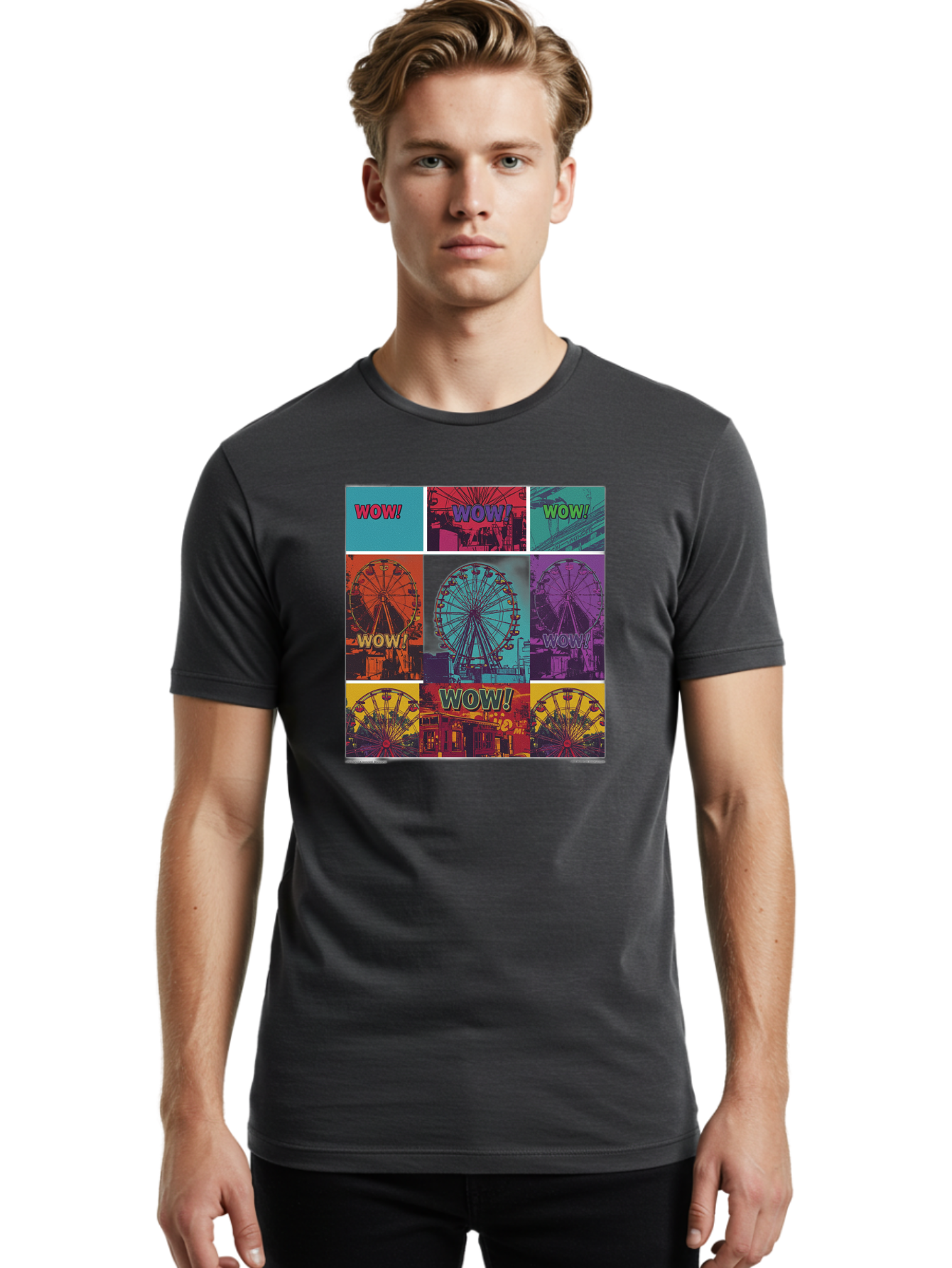 Wow-Ferris-Wheel-Collage Men'S Graphic Tee, 100% Cotton, Comfortable Casual Summer Wear, Machine Washable, Ferris Wheel At Carnival, Amusement Park, Colorful Graphics, Vibrant Colors, Wow Expression, Pop Art Style, Funfair, Thrill Ride, Bad932 17