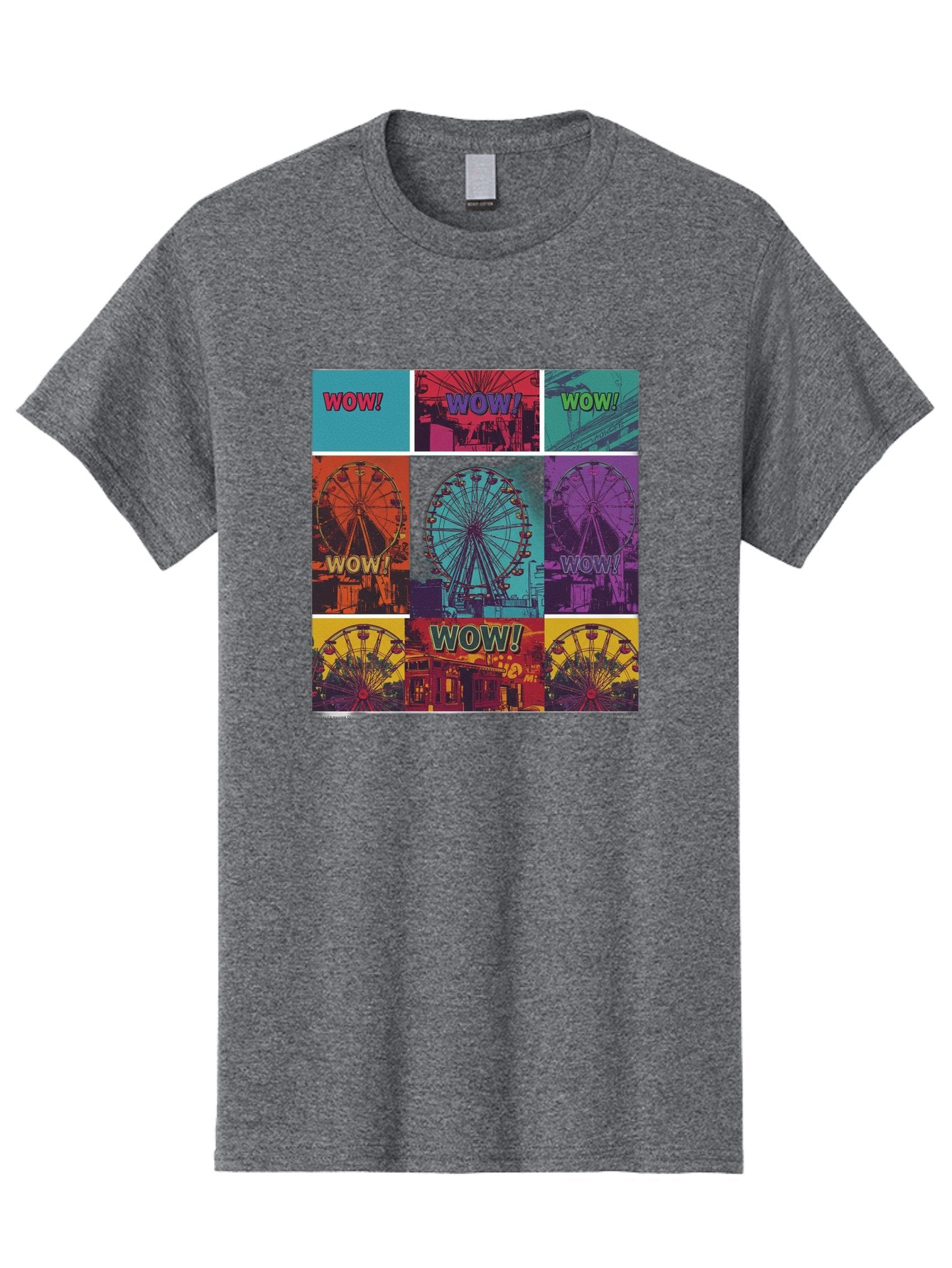 Wow-Ferris-Wheel-Collage Men'S Graphic Tee, 100% Cotton, Comfortable Casual Summer Wear, Machine Washable, Ferris Wheel At Carnival, Amusement Park, Colorful Graphics, Vibrant Colors, Wow Expression, Pop Art Style, Funfair, Thrill Ride, Bad932 15