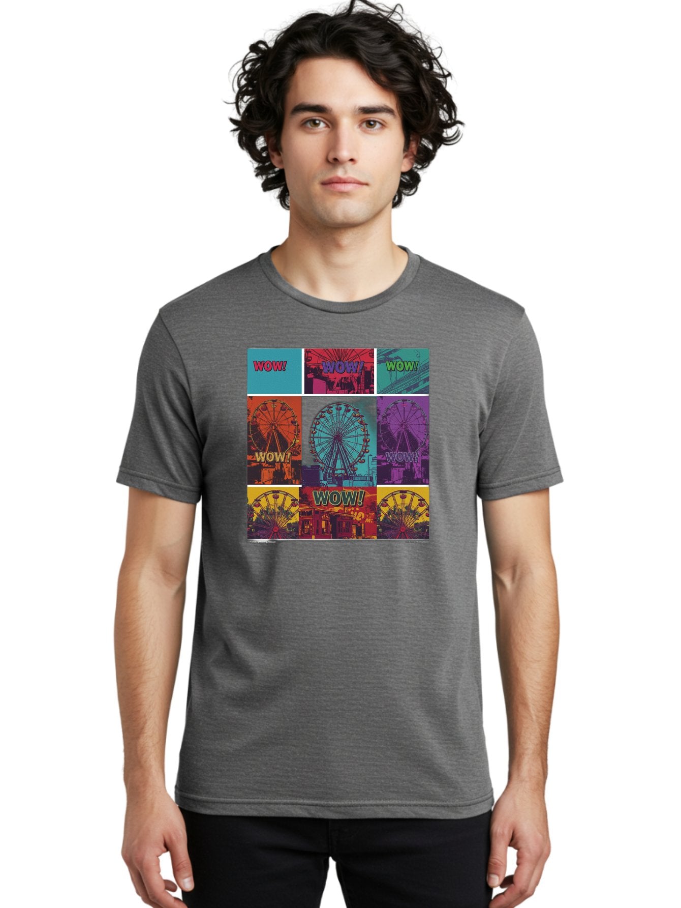 Wow-Ferris-Wheel-Collage Men'S Graphic Tee, 100% Cotton, Comfortable Casual Summer Wear, Machine Washable, Ferris Wheel At Carnival, Amusement Park, Colorful Graphics, Vibrant Colors, Wow Expression, Pop Art Style, Funfair, Thrill Ride, Bad932 30