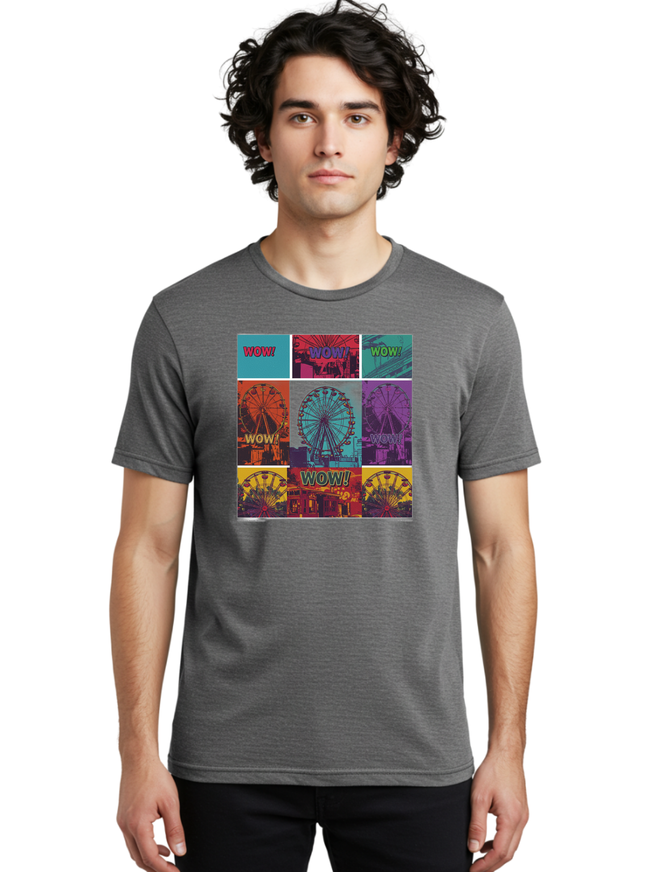 Wow-Ferris-Wheel-Collage Men'S Graphic Tee, 100% Cotton, Comfortable Casual Summer Wear, Machine Washable, Ferris Wheel At Carnival, Amusement Park, Colorful Graphics, Vibrant Colors, Wow Expression, Pop Art Style, Funfair, Thrill Ride, Bad932 16
