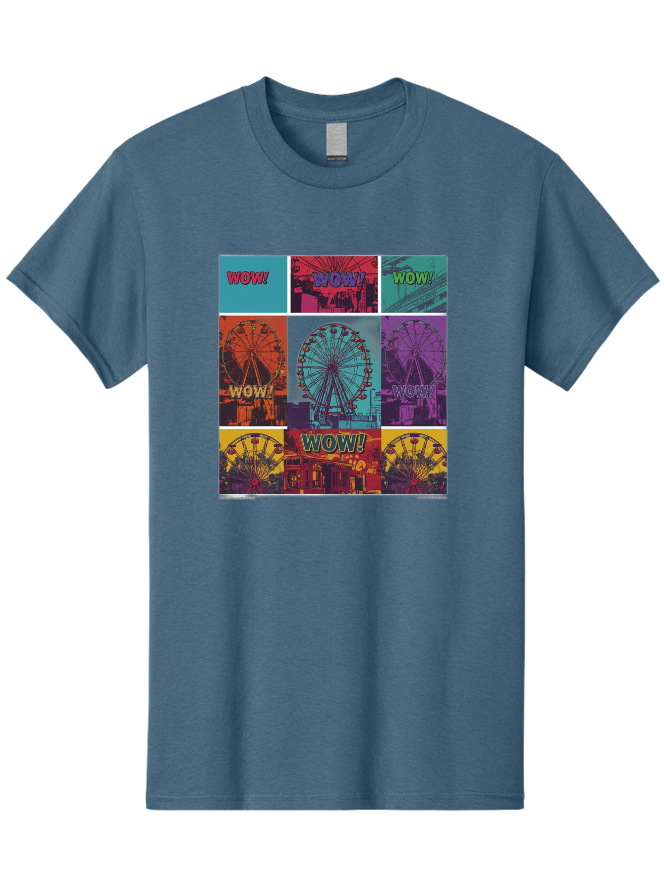 Wow-Ferris-Wheel-Collage Men'S Graphic Tee, 100% Cotton, Comfortable Casual Summer Wear, Machine Washable, Ferris Wheel At Carnival, Amusement Park, Colorful Graphics, Vibrant Colors, Wow Expression, Pop Art Style, Funfair, Thrill Ride, Bad932 15