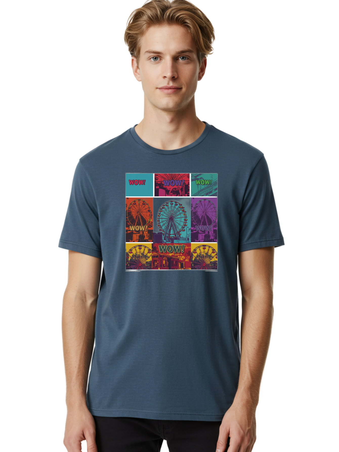 Wow-Ferris-Wheel-Collage Men'S Graphic Tee, 100% Cotton, Comfortable Casual Summer Wear, Machine Washable, Ferris Wheel At Carnival, Amusement Park, Colorful Graphics, Vibrant Colors, Wow Expression, Pop Art Style, Funfair, Thrill Ride, Bad932 30