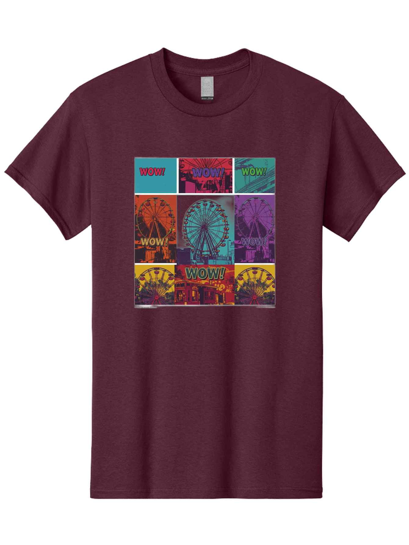 Wow-Ferris-Wheel-Collage Men'S Graphic Tee, 100% Cotton, Comfortable Casual Summer Wear, Machine Washable, Ferris Wheel At Carnival, Amusement Park, Colorful Graphics, Vibrant Colors, Wow Expression, Pop Art Style, Funfair, Thrill Ride, Bad932 14