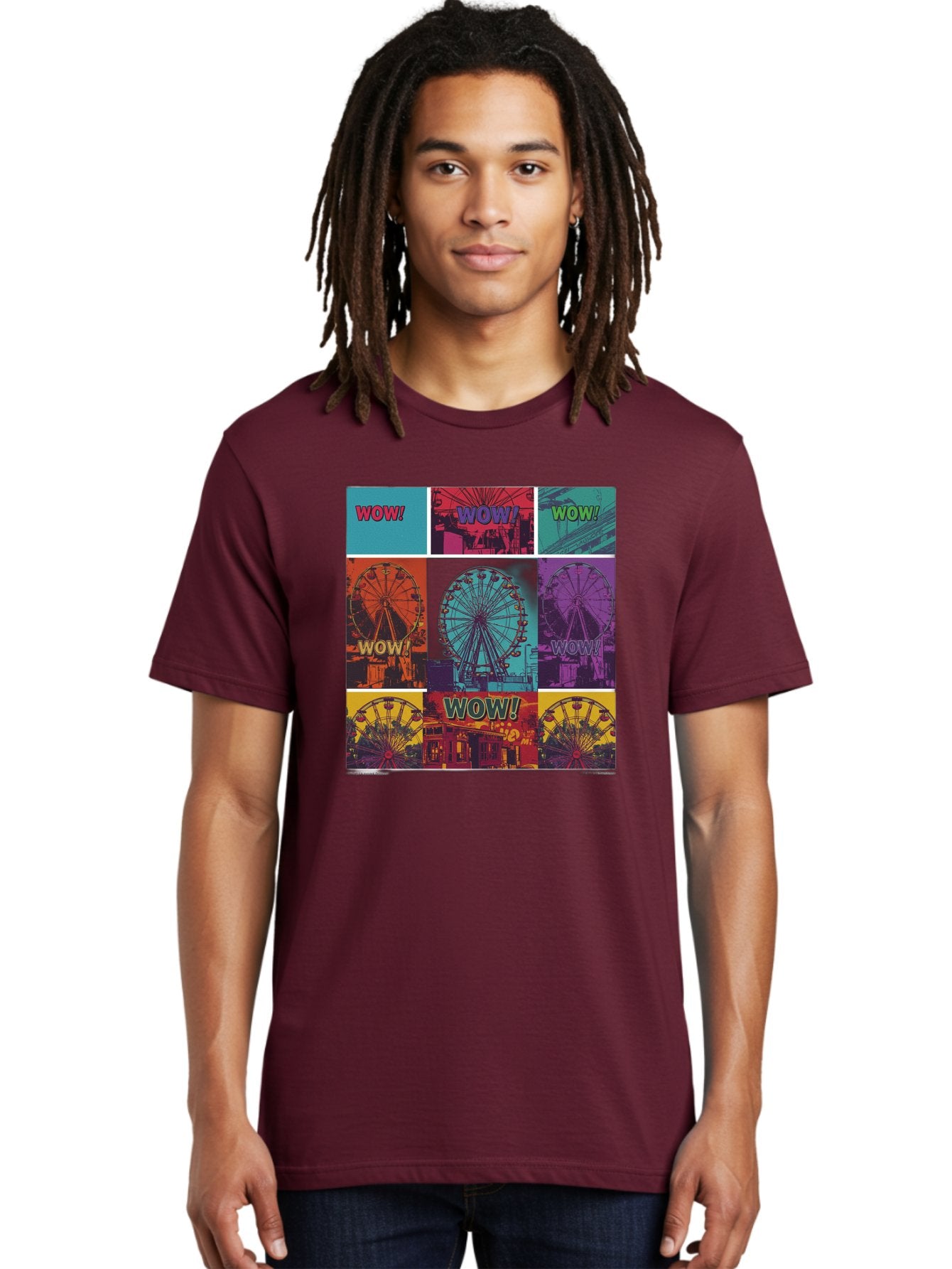 Wow-Ferris-Wheel-Collage Men'S Graphic Tee, 100% Cotton, Comfortable Casual Summer Wear, Machine Washable, Ferris Wheel At Carnival, Amusement Park, Colorful Graphics, Vibrant Colors, Wow Expression, Pop Art Style, Funfair, Thrill Ride, Bad932 17