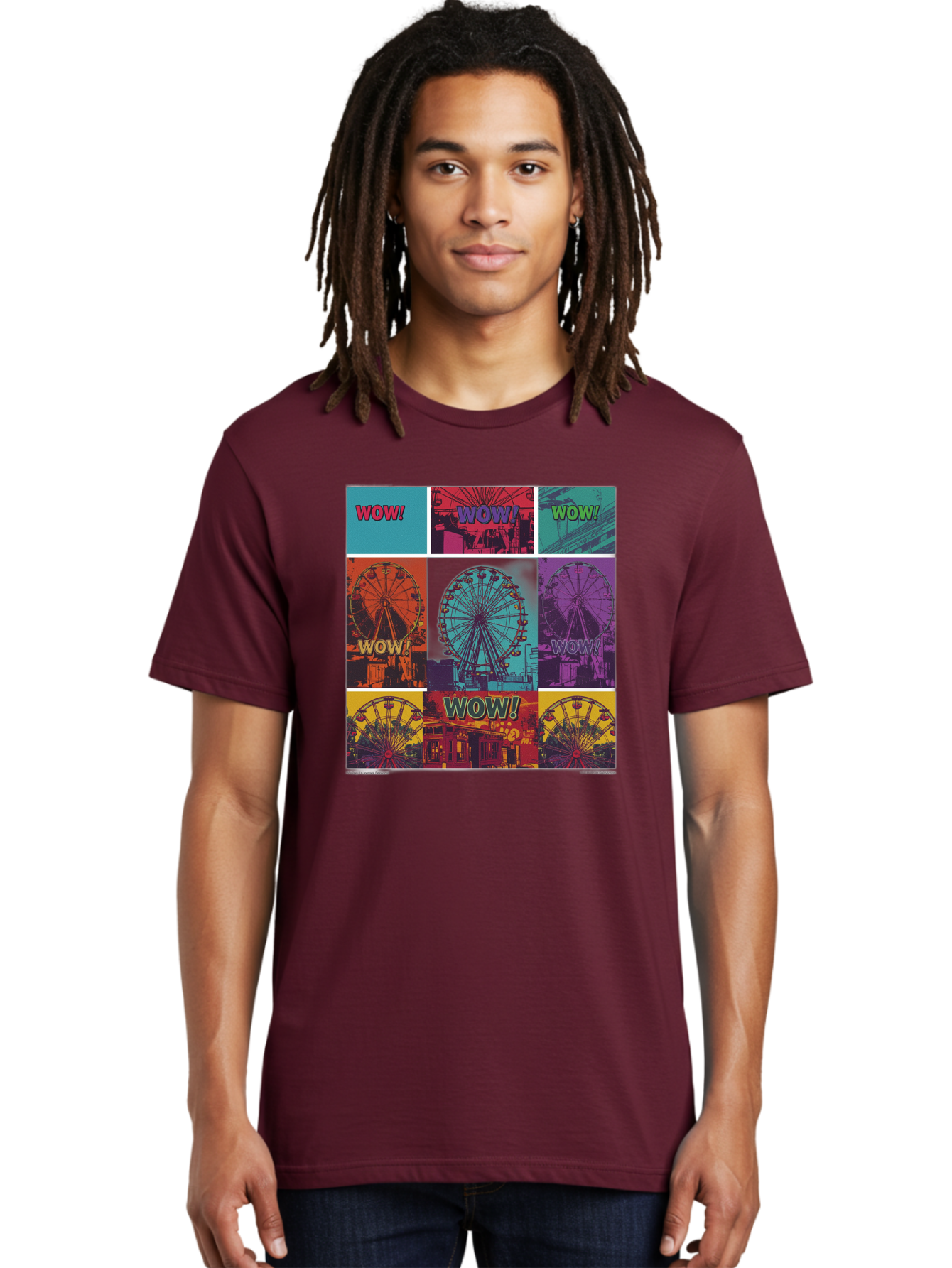 Wow-Ferris-Wheel-Collage Men'S Graphic Tee, 100% Cotton, Comfortable Casual Summer Wear, Machine Washable, Ferris Wheel At Carnival, Amusement Park, Colorful Graphics, Vibrant Colors, Wow Expression, Pop Art Style, Funfair, Thrill Ride, Bad932 29