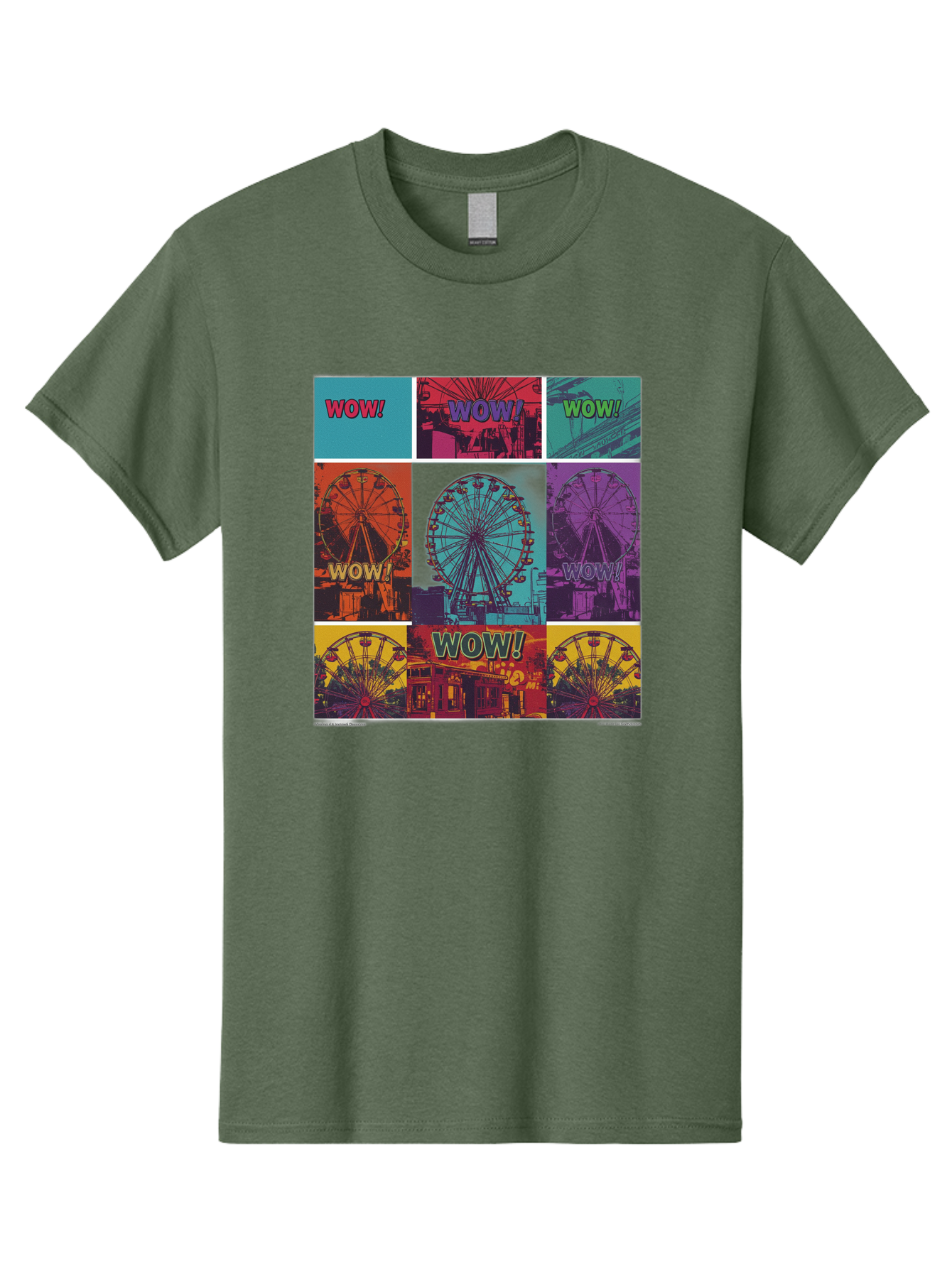 Wow-Ferris-Wheel-Collage Men'S Graphic Tee, 100% Cotton, Comfortable Casual Summer Wear, Machine Washable, Ferris Wheel At Carnival, Amusement Park, Colorful Graphics, Vibrant Colors, Wow Expression, Pop Art Style, Funfair, Thrill Ride, Bad932 11
