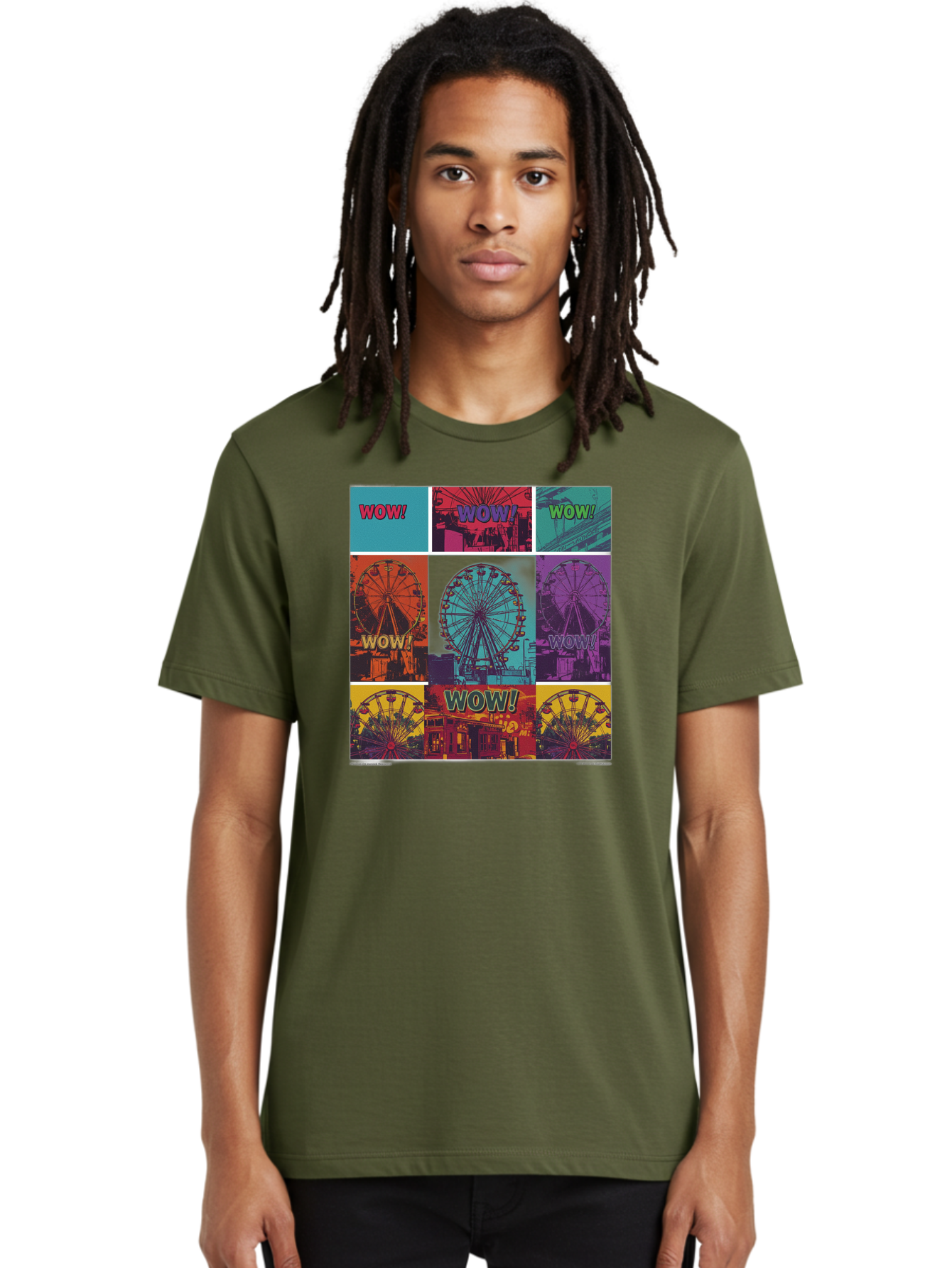 Wow-Ferris-Wheel-Collage Men'S Graphic Tee, 100% Cotton, Comfortable Casual Summer Wear, Machine Washable, Ferris Wheel At Carnival, Amusement Park, Colorful Graphics, Vibrant Colors, Wow Expression, Pop Art Style, Funfair, Thrill Ride, Bad932 26