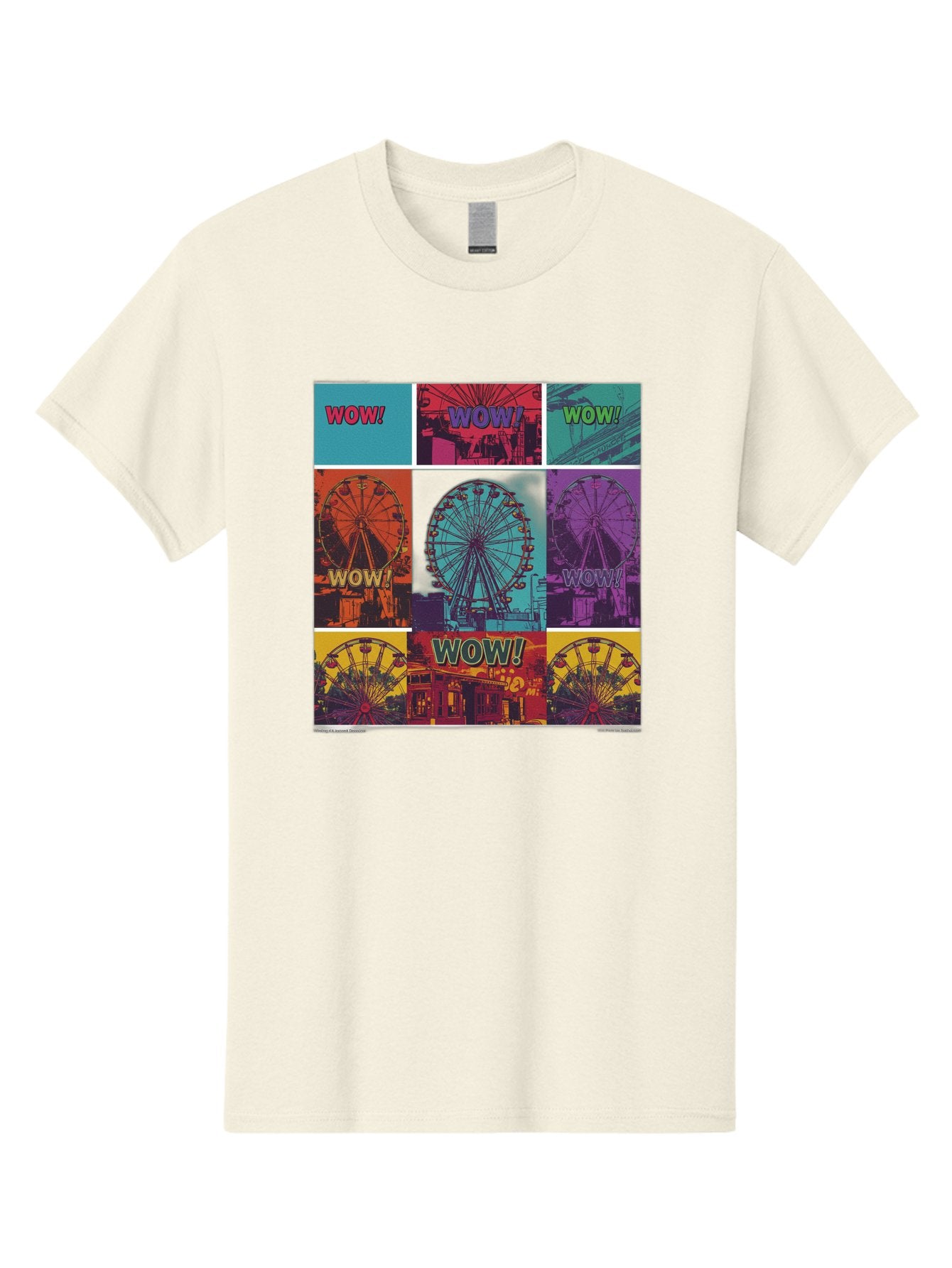 Wow-Ferris-Wheel-Collage Men'S Graphic Tee, 100% Cotton, Comfortable Casual Summer Wear, Machine Washable, Ferris Wheel At Carnival, Amusement Park, Colorful Graphics, Vibrant Colors, Wow Expression, Pop Art Style, Funfair, Thrill Ride, Bad932 7