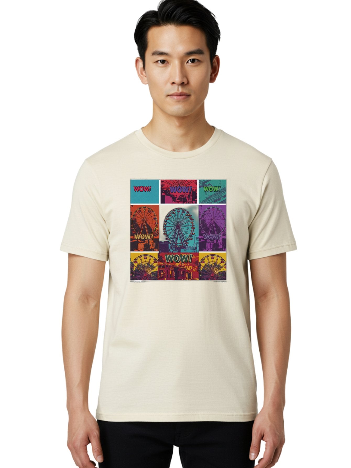 Wow-Ferris-Wheel-Collage Men'S Graphic Tee, 100% Cotton, Comfortable Casual Summer Wear, Machine Washable, Ferris Wheel At Carnival, Amusement Park, Colorful Graphics, Vibrant Colors, Wow Expression, Pop Art Style, Funfair, Thrill Ride, Bad932 16