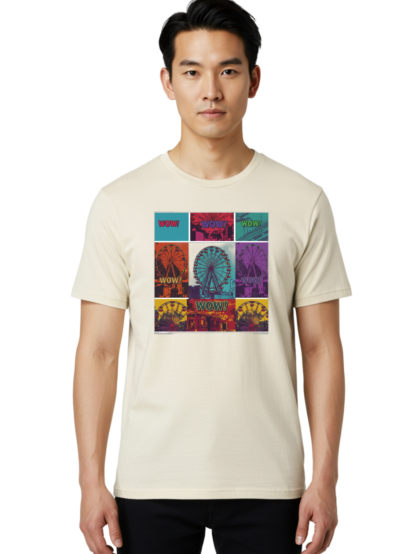 Wow-Ferris-Wheel-Collage Men'S Graphic Tee, 100% Cotton, Comfortable Casual Summer Wear, Machine Washable, Ferris Wheel At Carnival, Amusement Park, Colorful Graphics, Vibrant Colors, Wow Expression, Pop Art Style, Funfair, Thrill Ride, Bad932 28
