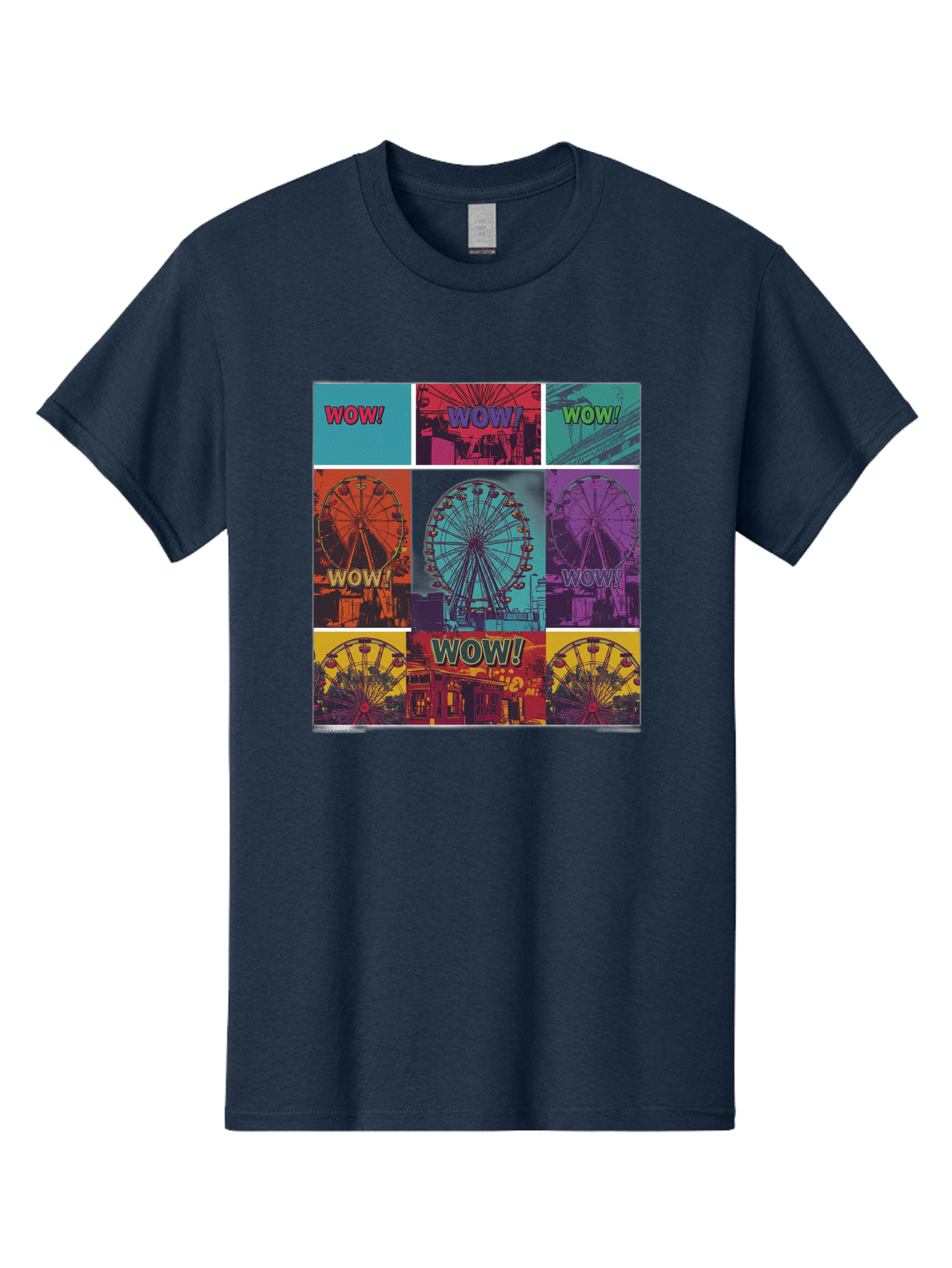Wow-Ferris-Wheel-Collage Men'S Graphic Tee, 100% Cotton, Comfortable Casual Summer Wear, Machine Washable, Ferris Wheel At Carnival, Amusement Park, Colorful Graphics, Vibrant Colors, Wow Expression, Pop Art Style, Funfair, Thrill Ride, Bad932 9