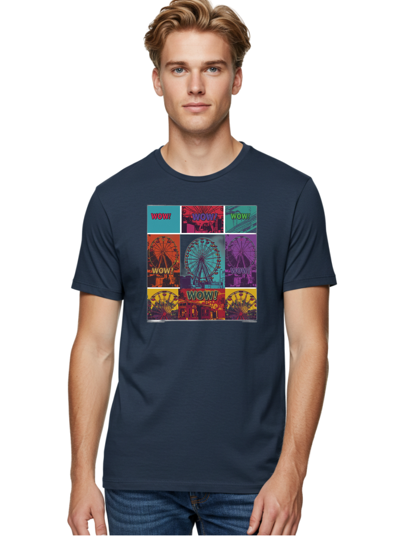 Wow-Ferris-Wheel-Collage Men'S Graphic Tee, 100% Cotton, Comfortable Casual Summer Wear, Machine Washable, Ferris Wheel At Carnival, Amusement Park, Colorful Graphics, Vibrant Colors, Wow Expression, Pop Art Style, Funfair, Thrill Ride, Bad932 24