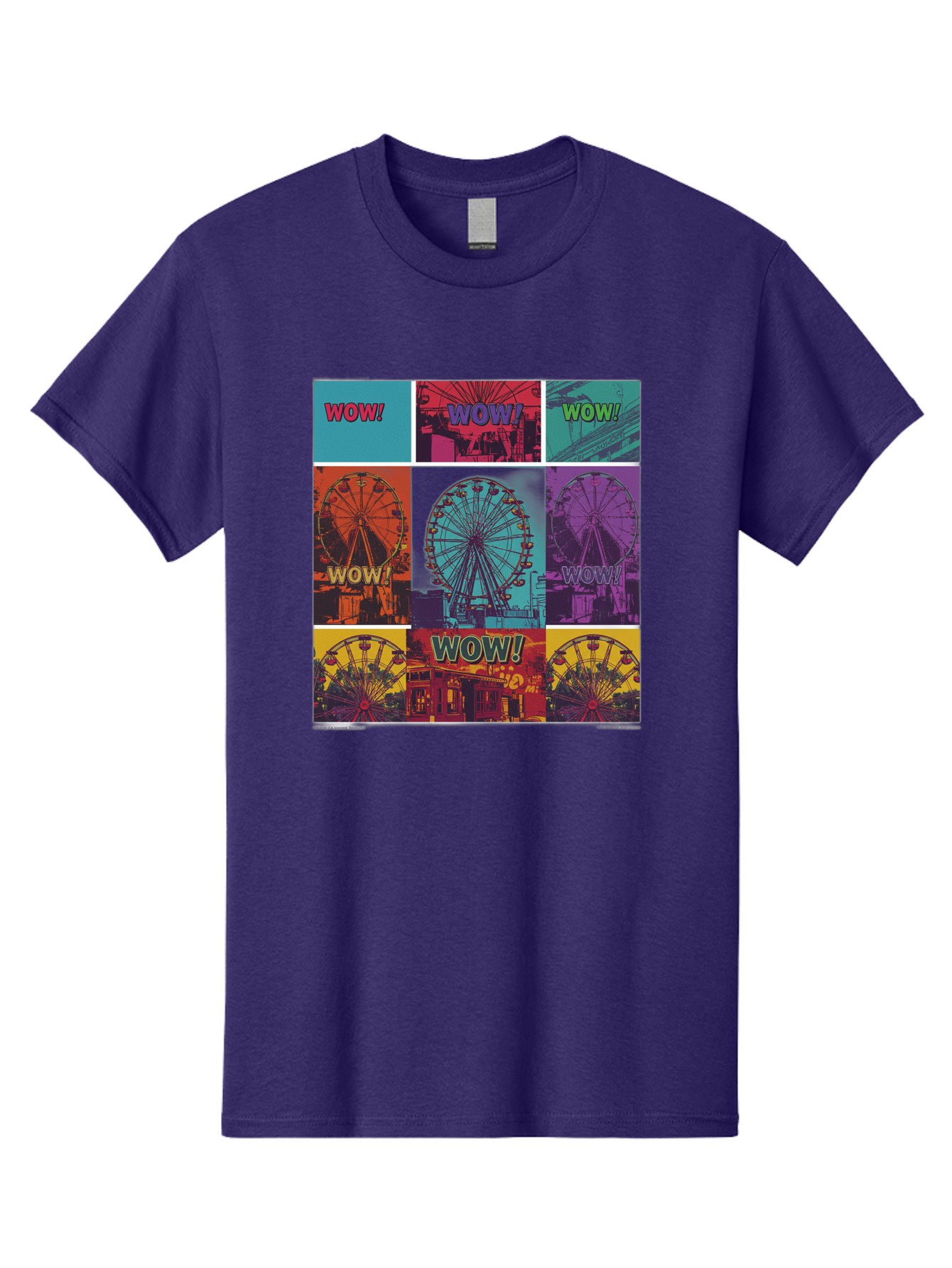 Wow-Ferris-Wheel-Collage Men'S Graphic Tee, 100% Cotton, Comfortable Casual Summer Wear, Machine Washable, Ferris Wheel At Carnival, Amusement Park, Colorful Graphics, Vibrant Colors, Wow Expression, Pop Art Style, Funfair, Thrill Ride, Bad932 5