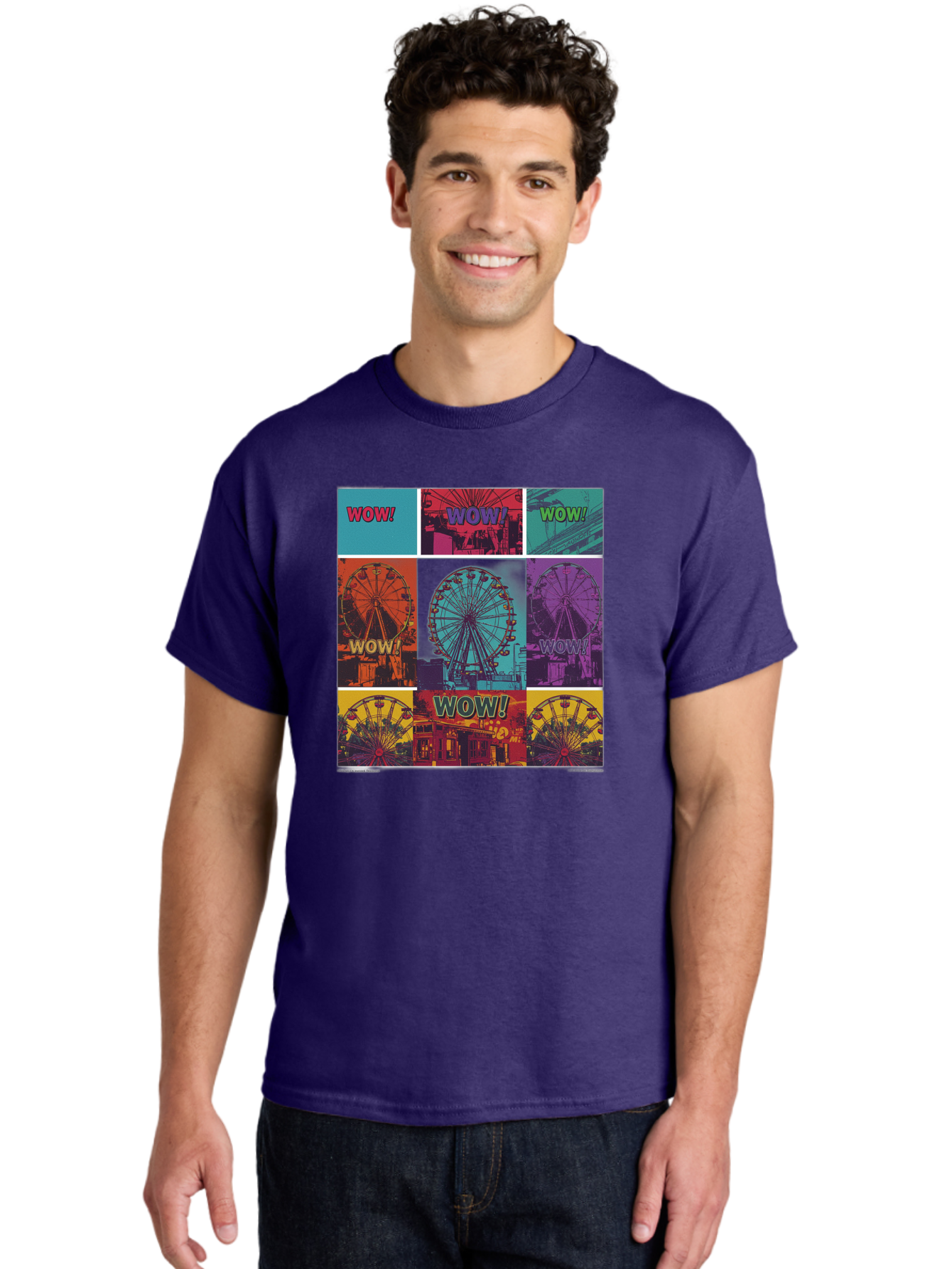 Wow-Ferris-Wheel-Collage Men'S Graphic Tee, 100% Cotton, Comfortable Casual Summer Wear, Machine Washable, Ferris Wheel At Carnival, Amusement Park, Colorful Graphics, Vibrant Colors, Wow Expression, Pop Art Style, Funfair, Thrill Ride, Bad932 20