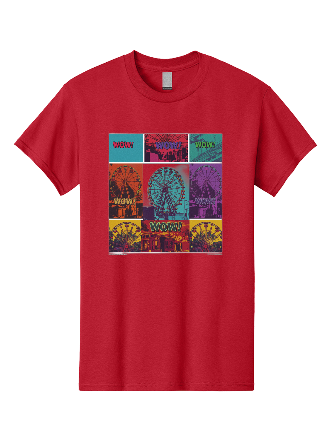 Wow-Ferris-Wheel-Collage Men'S Graphic Tee, 100% Cotton, Comfortable Casual Summer Wear, Machine Washable, Ferris Wheel At Carnival, Amusement Park, Colorful Graphics, Vibrant Colors, Wow Expression, Pop Art Style, Funfair, Thrill Ride, Bad932 12