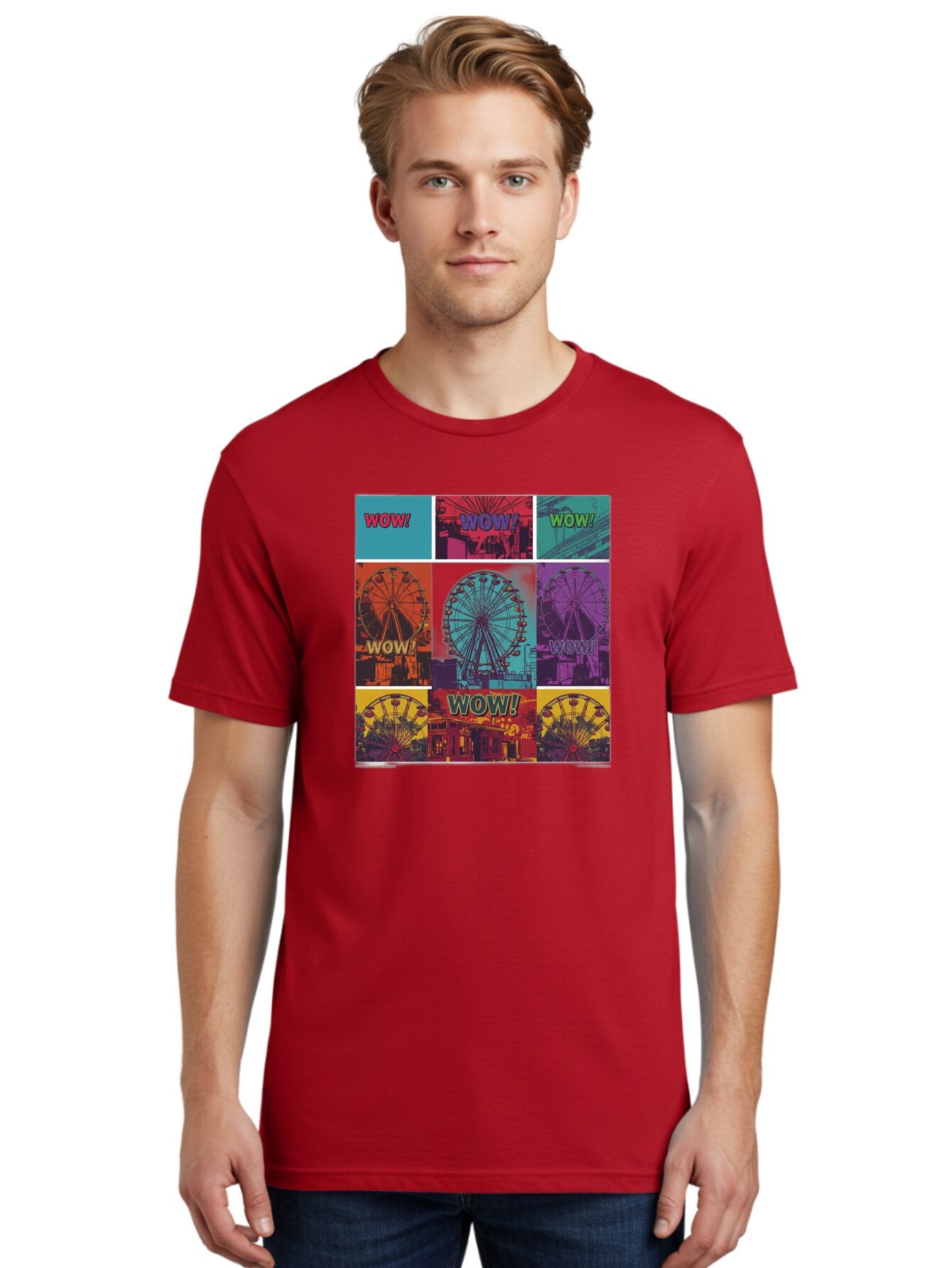 Wow-Ferris-Wheel-Collage Men'S Graphic Tee, 100% Cotton, Comfortable Casual Summer Wear, Machine Washable, Ferris Wheel At Carnival, Amusement Park, Colorful Graphics, Vibrant Colors, Wow Expression, Pop Art Style, Funfair, Thrill Ride, Bad932 18