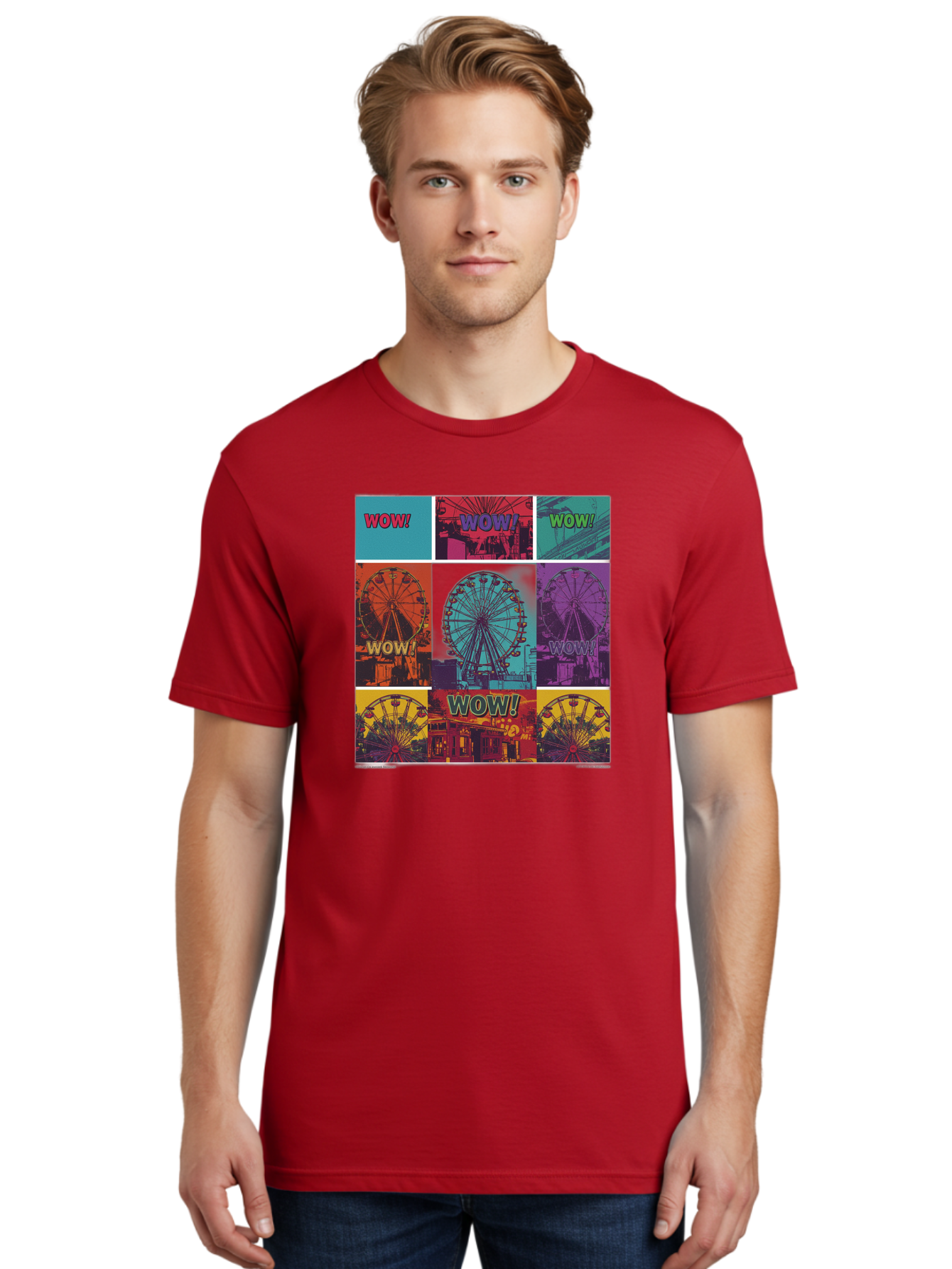 Wow-Ferris-Wheel-Collage Men'S Graphic Tee, 100% Cotton, Comfortable Casual Summer Wear, Machine Washable, Ferris Wheel At Carnival, Amusement Park, Colorful Graphics, Vibrant Colors, Wow Expression, Pop Art Style, Funfair, Thrill Ride, Bad932 27