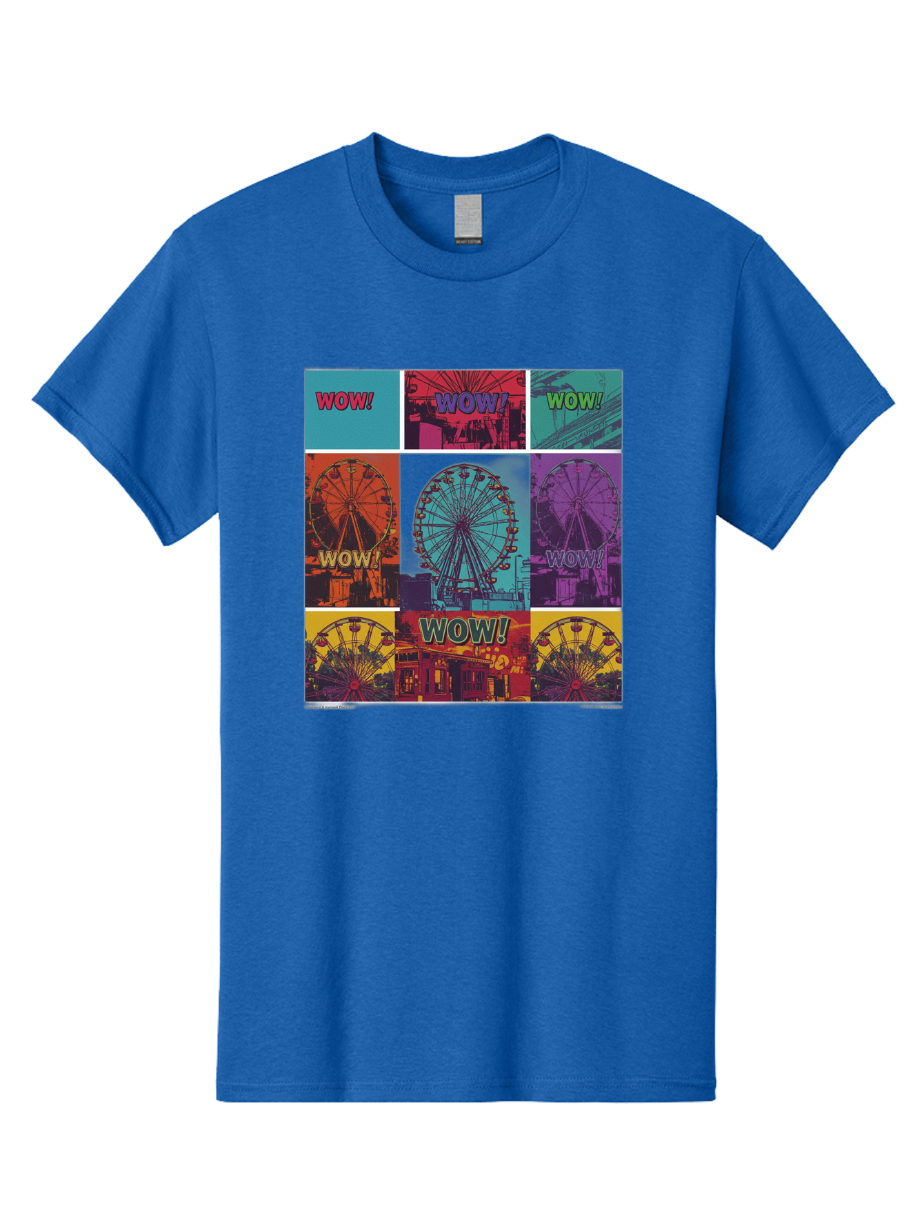 Wow-Ferris-Wheel-Collage Men'S Graphic Tee, 100% Cotton, Comfortable Casual Summer Wear, Machine Washable, Ferris Wheel At Carnival, Amusement Park, Colorful Graphics, Vibrant Colors, Wow Expression, Pop Art Style, Funfair, Thrill Ride, Bad932 3