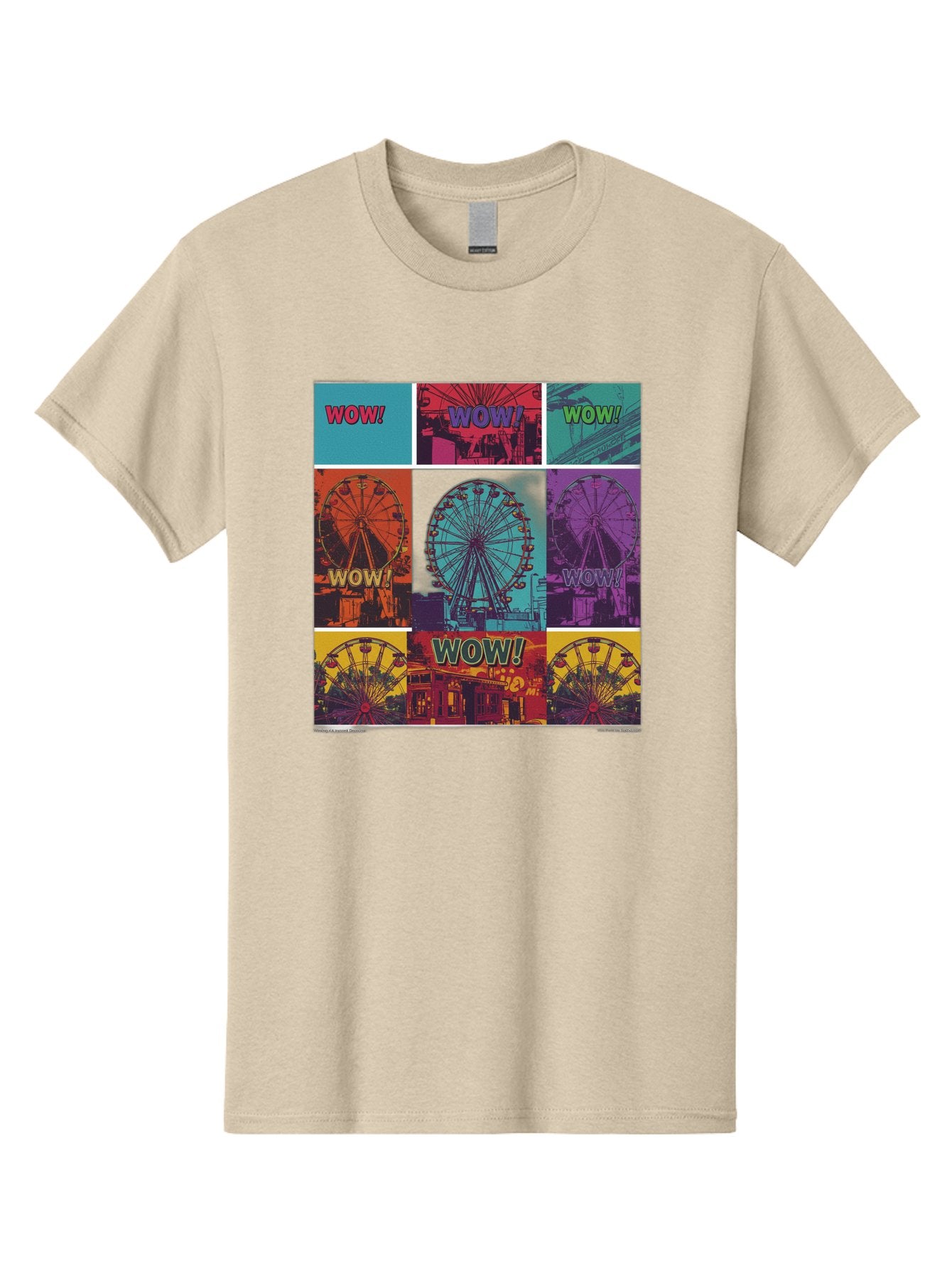 Wow-Ferris-Wheel-Collage Men'S Graphic Tee, 100% Cotton, Comfortable Casual Summer Wear, Machine Washable, Ferris Wheel At Carnival, Amusement Park, Colorful Graphics, Vibrant Colors, Wow Expression, Pop Art Style, Funfair, Thrill Ride, Bad932 11